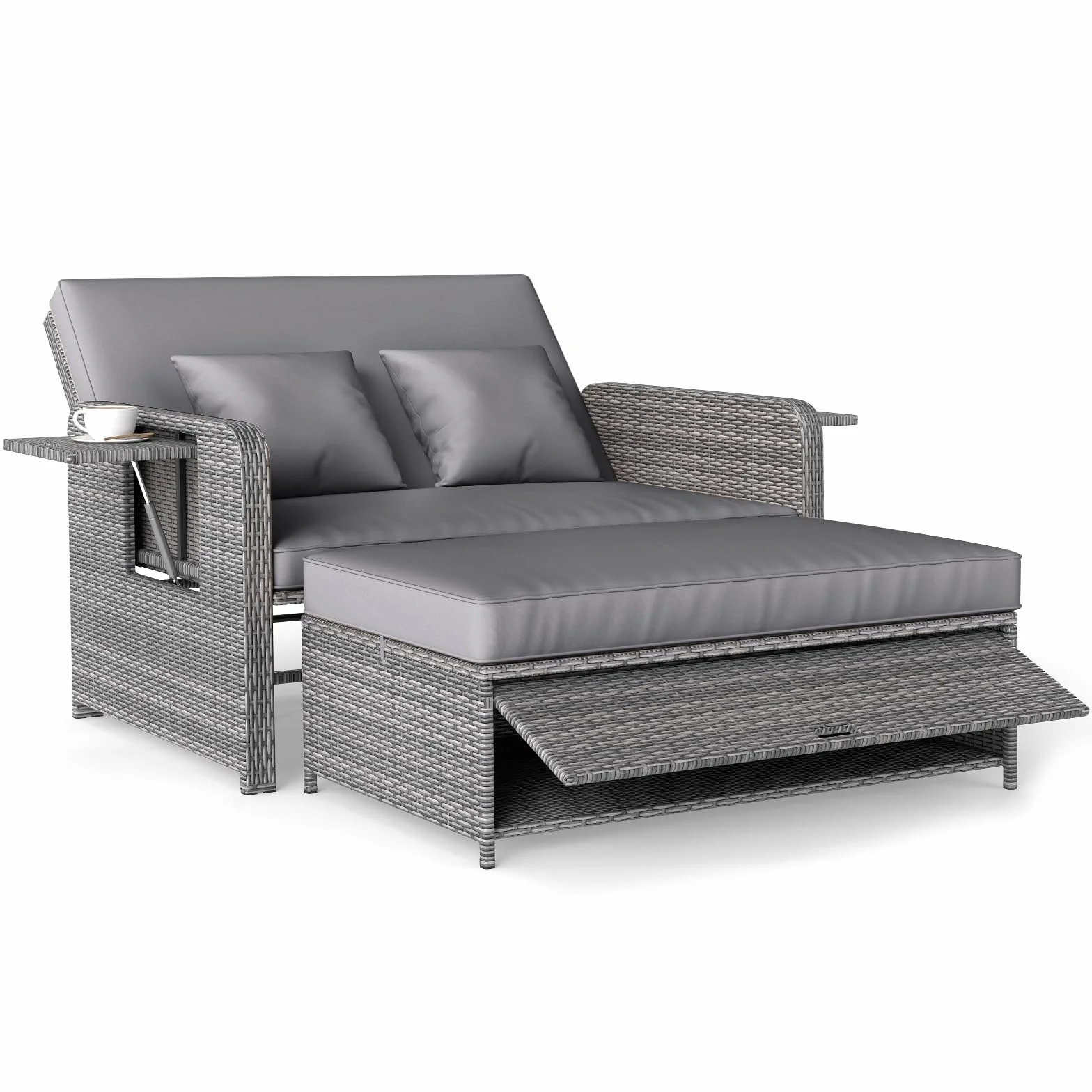 COSTWAY Sofa rattanowa, meble do użytku na zewnątrz, sofa ogrodowa z funkcją leżenia, 2-osobowa sofa ogrodowa z poduszkami i półkami bocznymi, meble ogrodowe z polirattanu, mały balkon (mieszanka