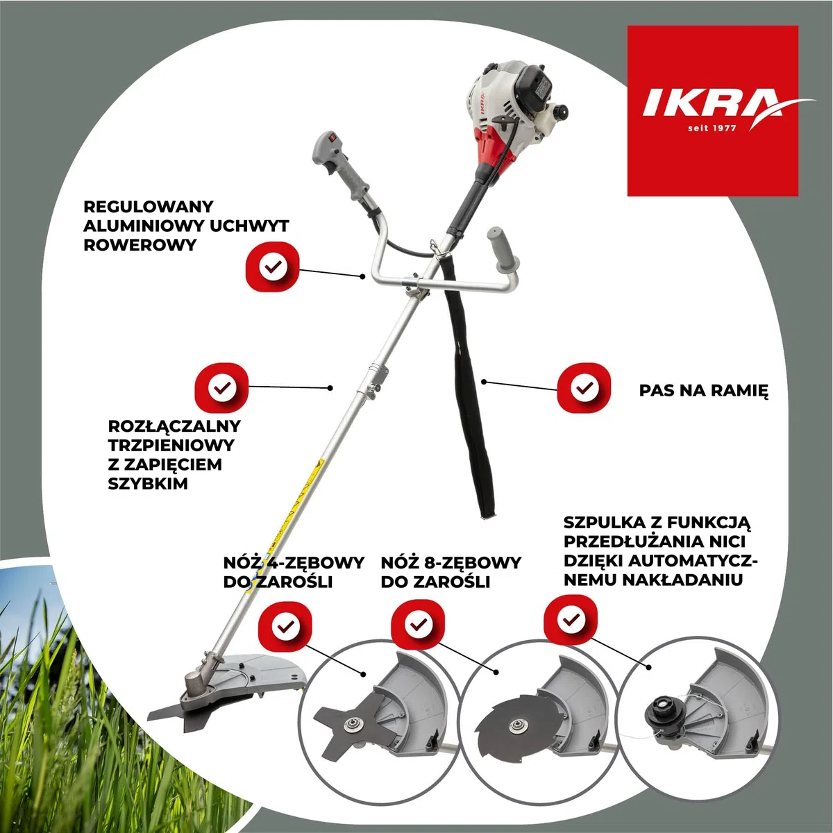 IKRA Podkaszarka spalinowa IBF 43 z przydatnymi akcesoriami 25cm³ 0,8 kW | Bogaty zestaw:nóż 4- i 8-zębny,szpula,okulary,pas naramienny,silnik 2-suwowy,uchwyt rowerowy,szerokość cięcia 23 cm