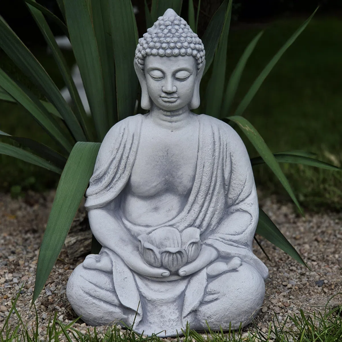 FABRIQ Duży masywny Budda z małą doniczką w dłoniach, masywna figurka, do ogrodu Zen, odporna na warunki atmosferyczne