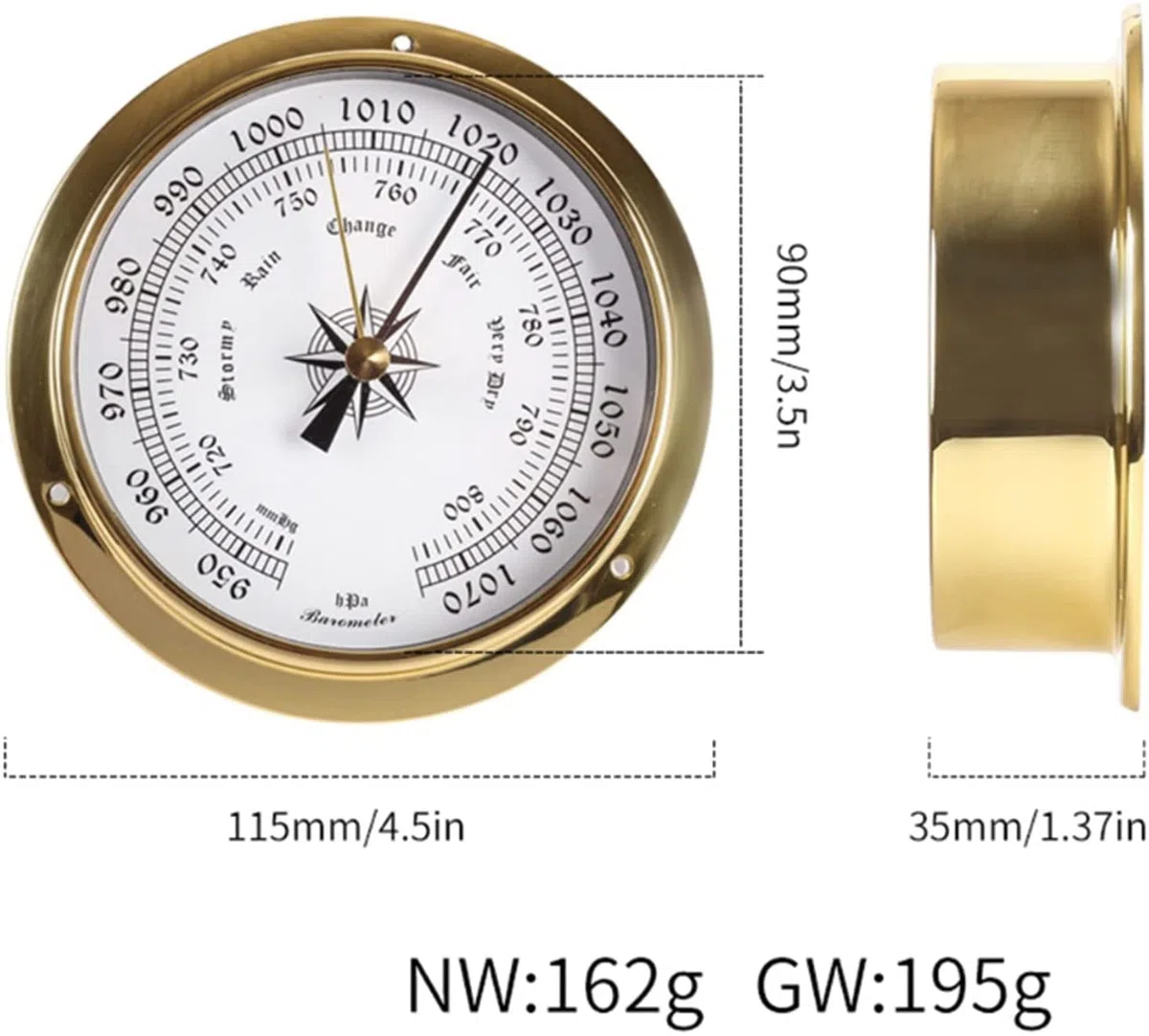 Barometr, tradycyjny barometr, 120 mm, montowany na ścianie, termometr, higrometr, barometr, zegar, stacja pogodowa, miedziana powłoka, 6 stylów, do hoteli, magazynów, biur