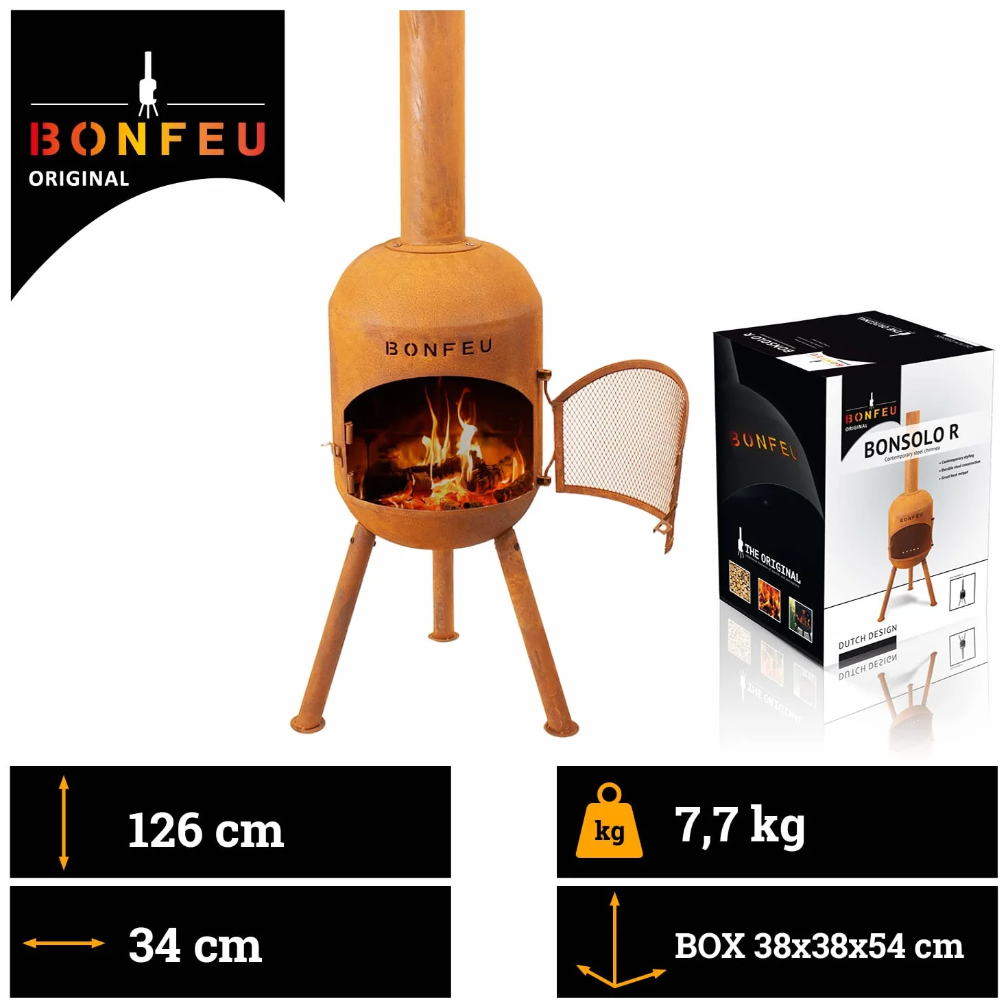 BonFeu Kratka BonSolo - piec tarasowy - kominek z ochroną przed iskrami na relaksujące wieczory - kolumna ogniskowa na zewnątrz - kominek tarasowy z rusztem do grillowania - 34 x 34 x 124 cm