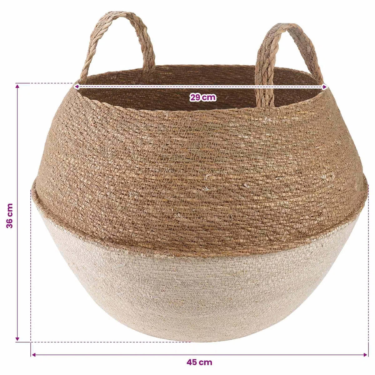 Donica na rośliny z uchwytami biała 45 x 36 cm 100% trawa morska | Naturalna trawa morska, cylindryczny kształt, do użytku wewnątrz i na zewnątrz, wytrzymała, łatwa w pielęgnacji