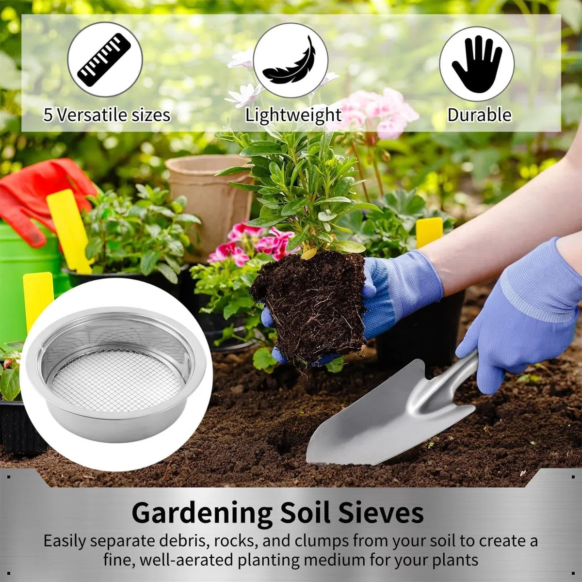 Sifter Dirt, Sifter Rock Sito gleby z piaskiem ze stali nierdzewnej, 5 | 1/3/6/9/12 mm sito doniczki ogrodowe z łopatą, miską do przesiewania w stos