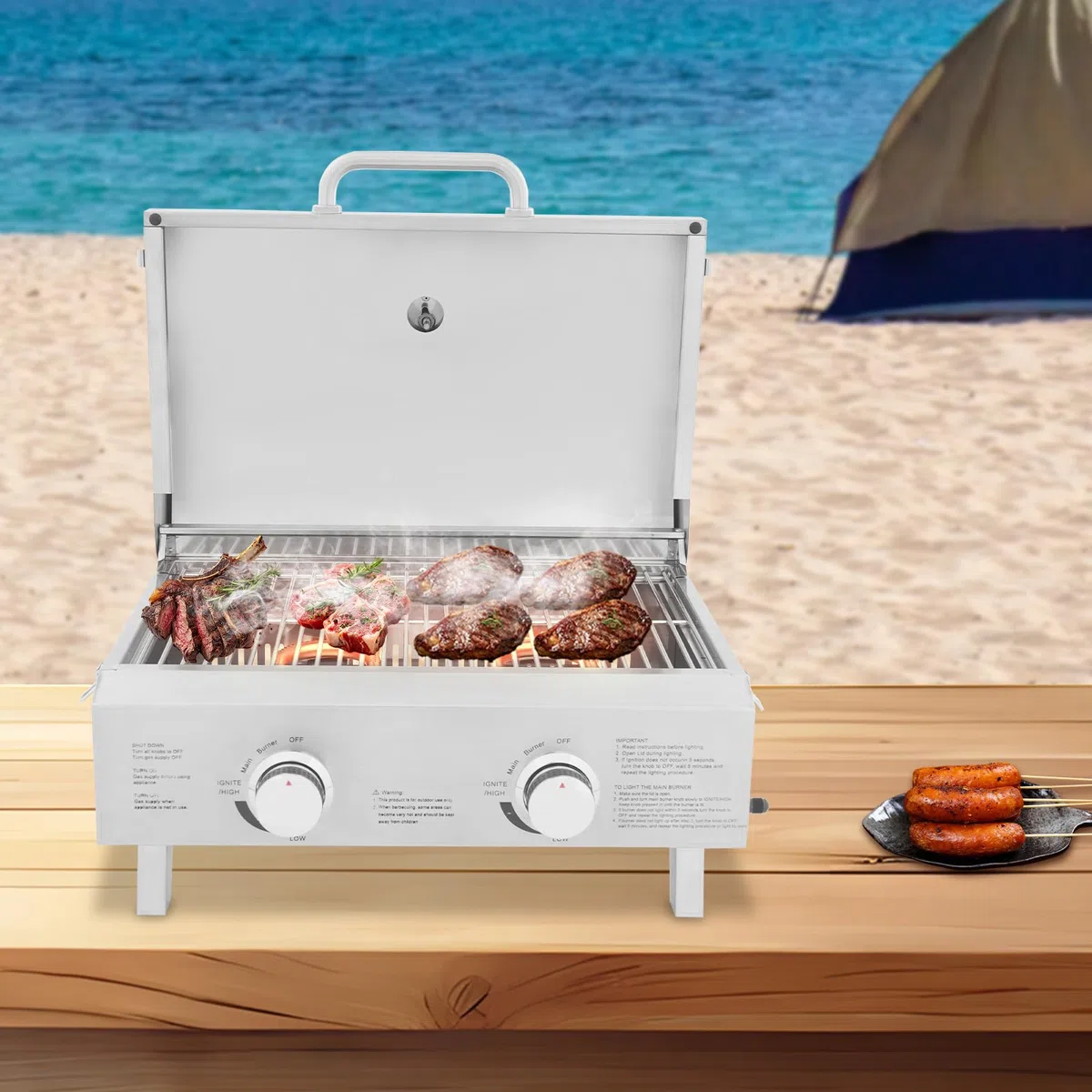 Gastro grill gazowy, grill gazowy, do pieczenia kiełbasy, stołowy, grill gazowy z 2 palnikami – ruszt do grillowania ze stali nierdzewnej 55 x 45 cm, składany i przenośny, w zestawie kamień do pizzy i