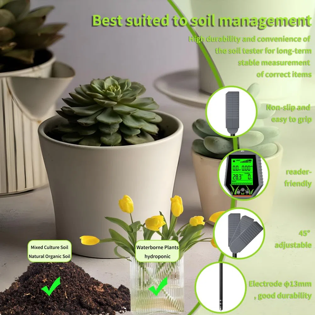 Luocute Tester Gleby 6 w 1, Wyświetlacz LCD PH Gleby EC Wilgoć Żyzność Miernik Temperatury światła Słonecznego z Podświetleniem, do Trawnika Ogrodowego Rośliny Doniczkowe Sadzenie w