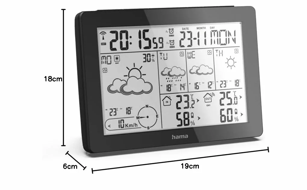 Hama stacja pogody Meteotime (1 czujnik zewnętrzny, pomiar temperatury i wilgotności, zegar sterowany z DCF77) czarny
