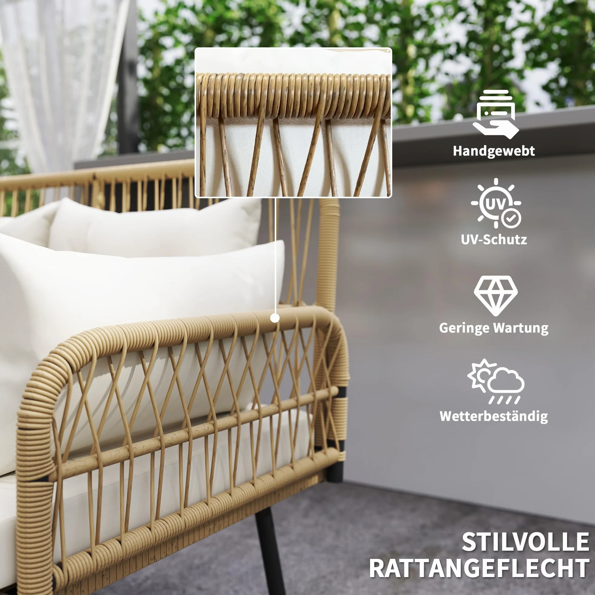 Outsunny Sofa Ogrodowa z Poduszkami 2-osobowa Sofa Balkonowa Rattanowa Sofa Polirattan Meble Ogrodowe 115 x 61 x 82 cm Naturalne Drewno