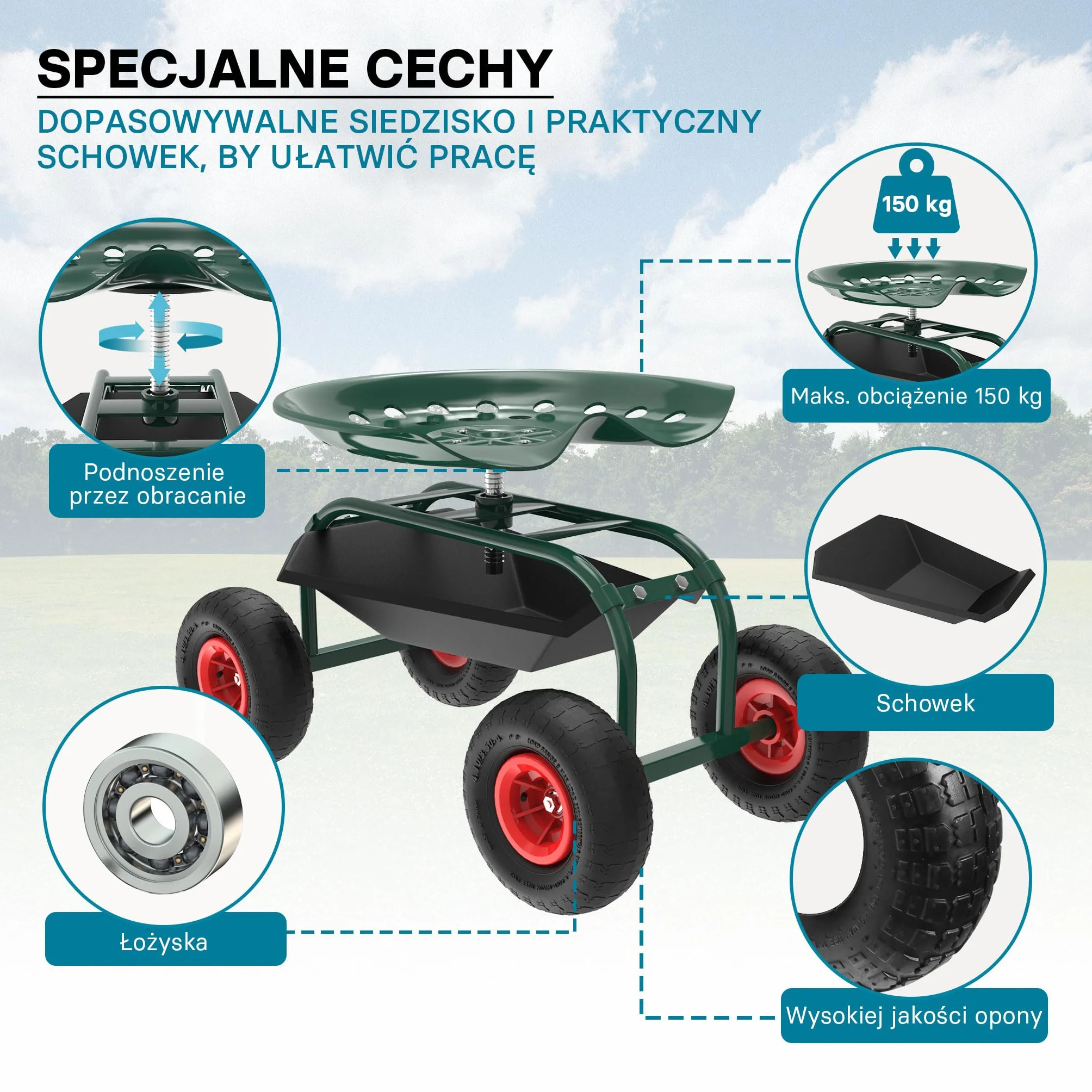 Wiltec Wózek ogrodowy z siedziskiem na kółkach i półką do ogrodu, taboret warsztatowy, mobilne siedzisko robocze ze stalową konstrukcją do 150 kg