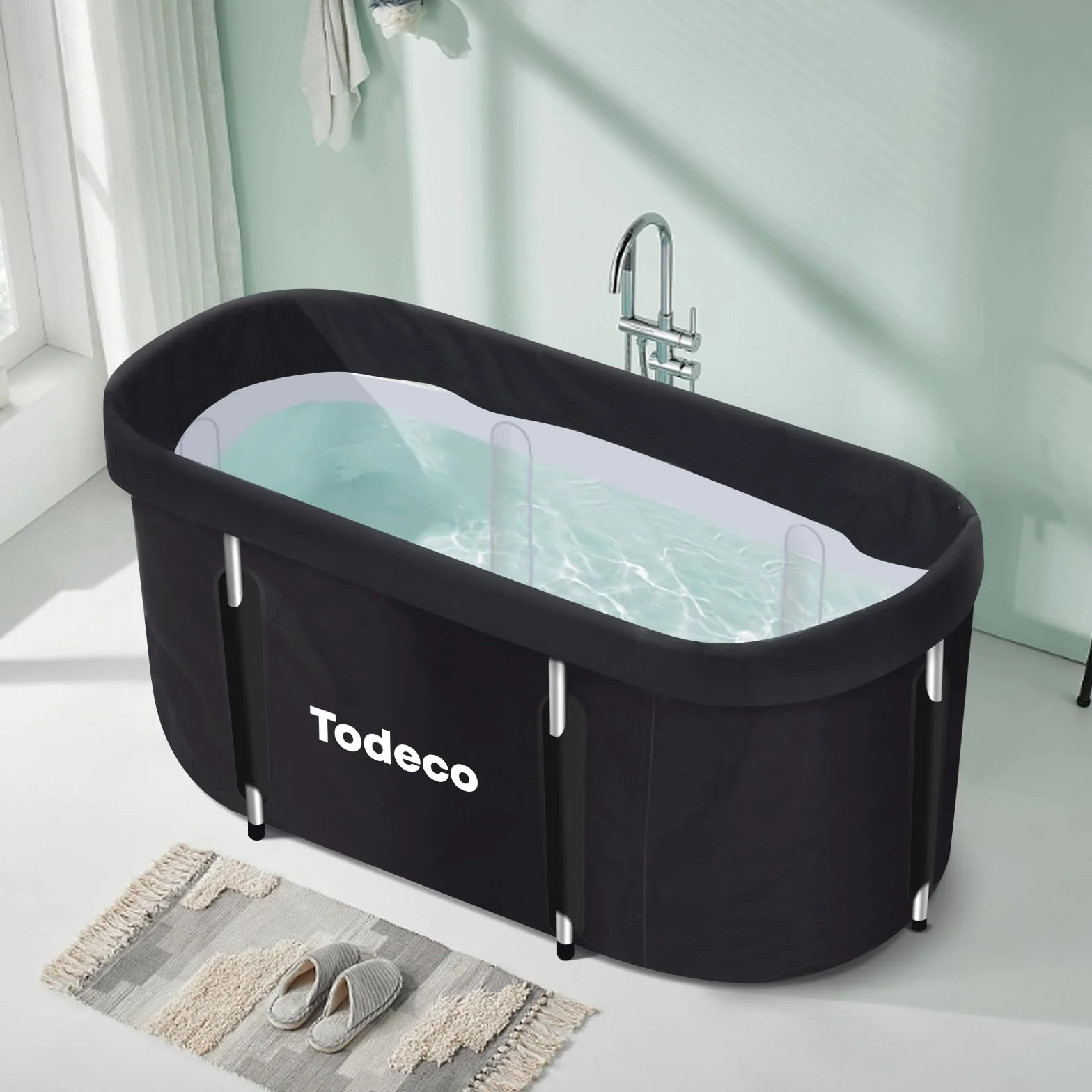Todeco Składana wanna, przenośna wanna dla dorosłych z metalową ramą, 120 x 55 x 50 cm, duża rodzinna wanna do SPA, mobilna wanna spa do prysznica, gorącej kąpieli, czarna
