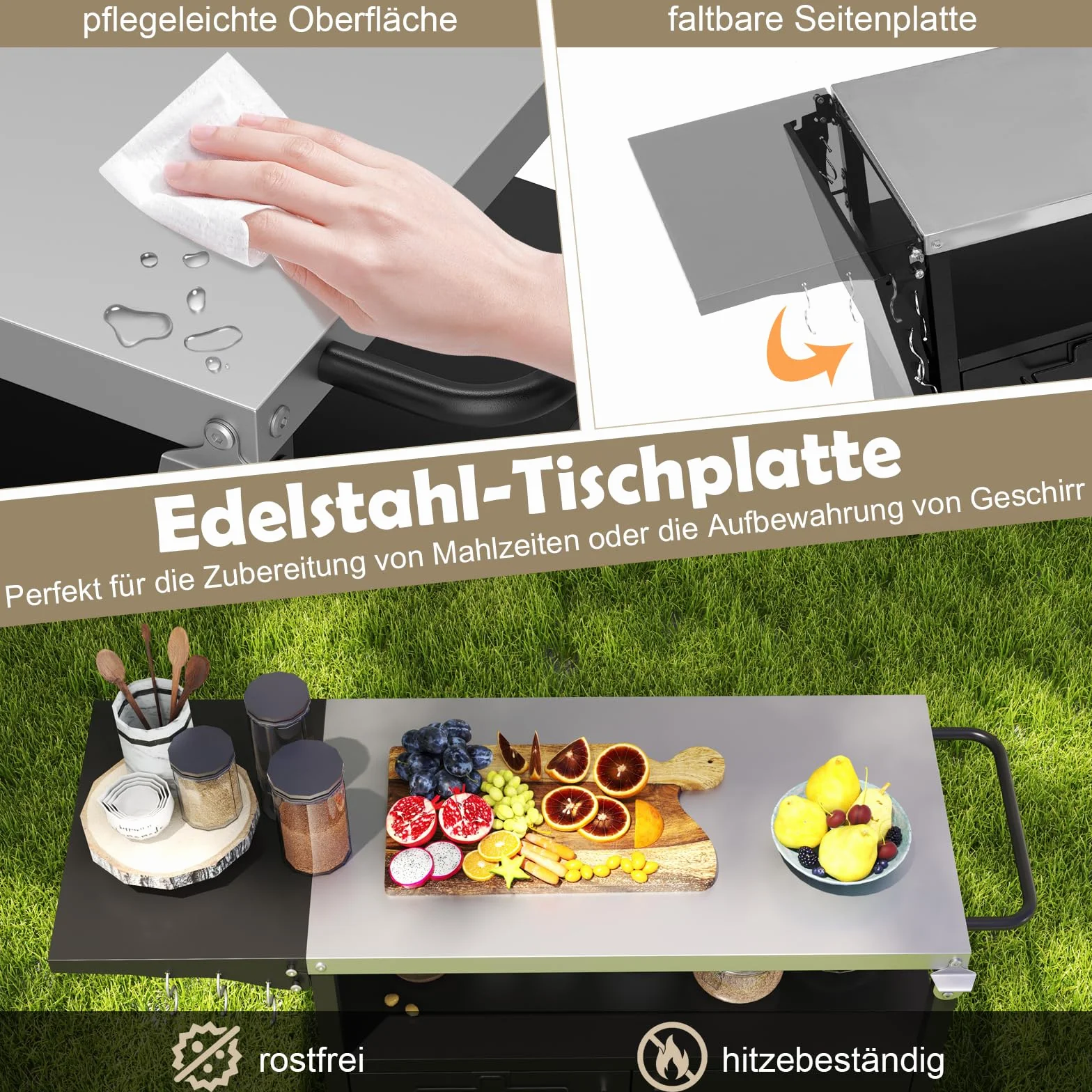 COSTWAY Wózek do grillowania na zewnątrz, stół do grillowania z płytą ze stali nierdzewnej, składany stolik pomocniczy, szafka, 6 haczyków i uchwytów, do 100 kg, metalowy stół kempingowy, na imprezy