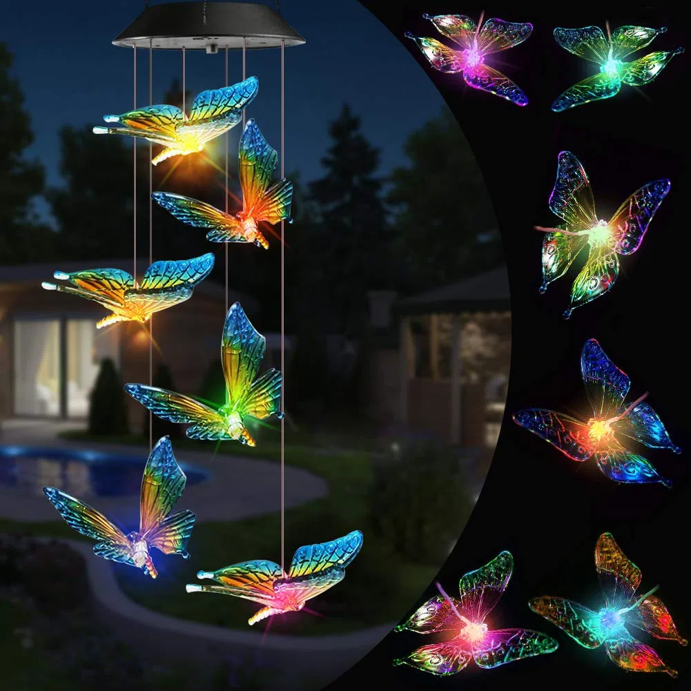 Qedertek Dekoracja wielkanocna, dzwonki wietrzne, motyl LED, słoneczna lampa ogrodowa, wisząca lampa do ogrodu, na drzewo, taras, podwórze, trawnik, podwórko, ścieżki