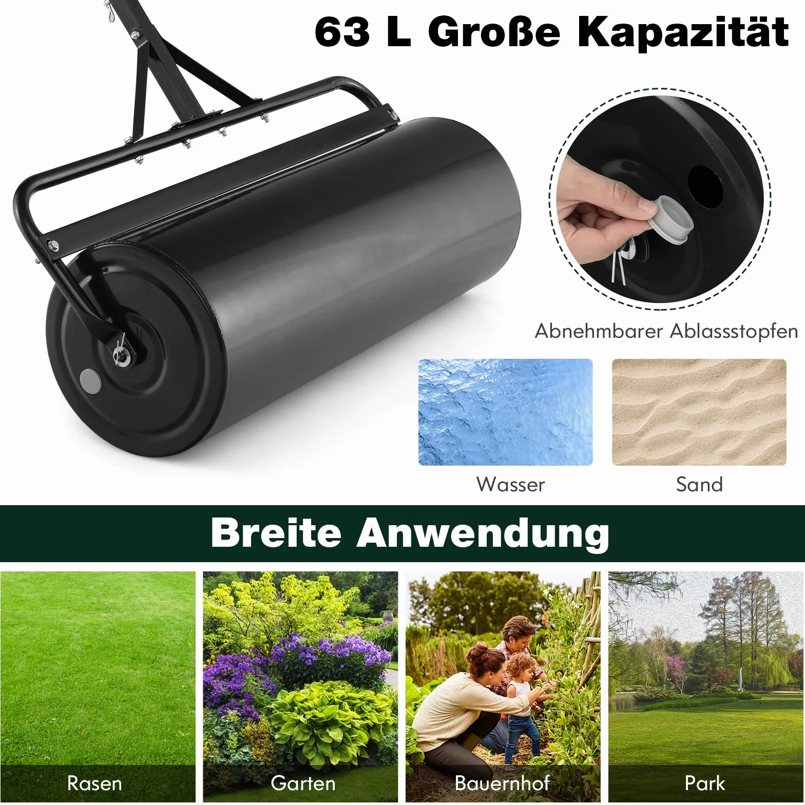 COSTWAY Walec do trawnika napełniany wodą lub piaskiem, 63 L, Ø 30 cm x 99 cm, walec gruntowy z uchwytem, walec ogrodowy metalowy, walec ręczny Lawn Roller, walec do trawnika dla równego trawnika
