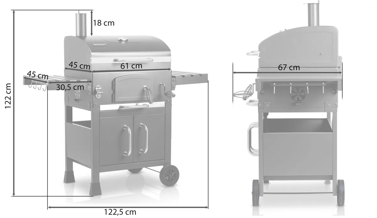 Berdsen Grill Węglowy Ogrodowy BBQChef z Kominem i Żeliwnym Rusztem 41,5 x 57 cm - Regulowane Palenisko, Termometr, Składane Półki, Szafka - Przenośny na Kołach - Antracytowy