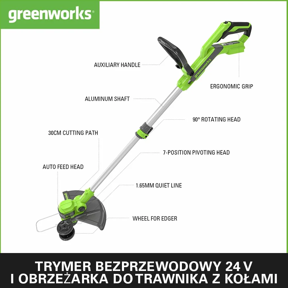 Greenworks G24LT30K2 Akumulatorowa Podkaszarka do Małych i Średnich Ogrodów, Szerokość Cięcia 30 cm, Automatyczny Wysuw Żyłki Nylonowej 1,65 mm, Bateria 24V 2Ah i Ładowarka