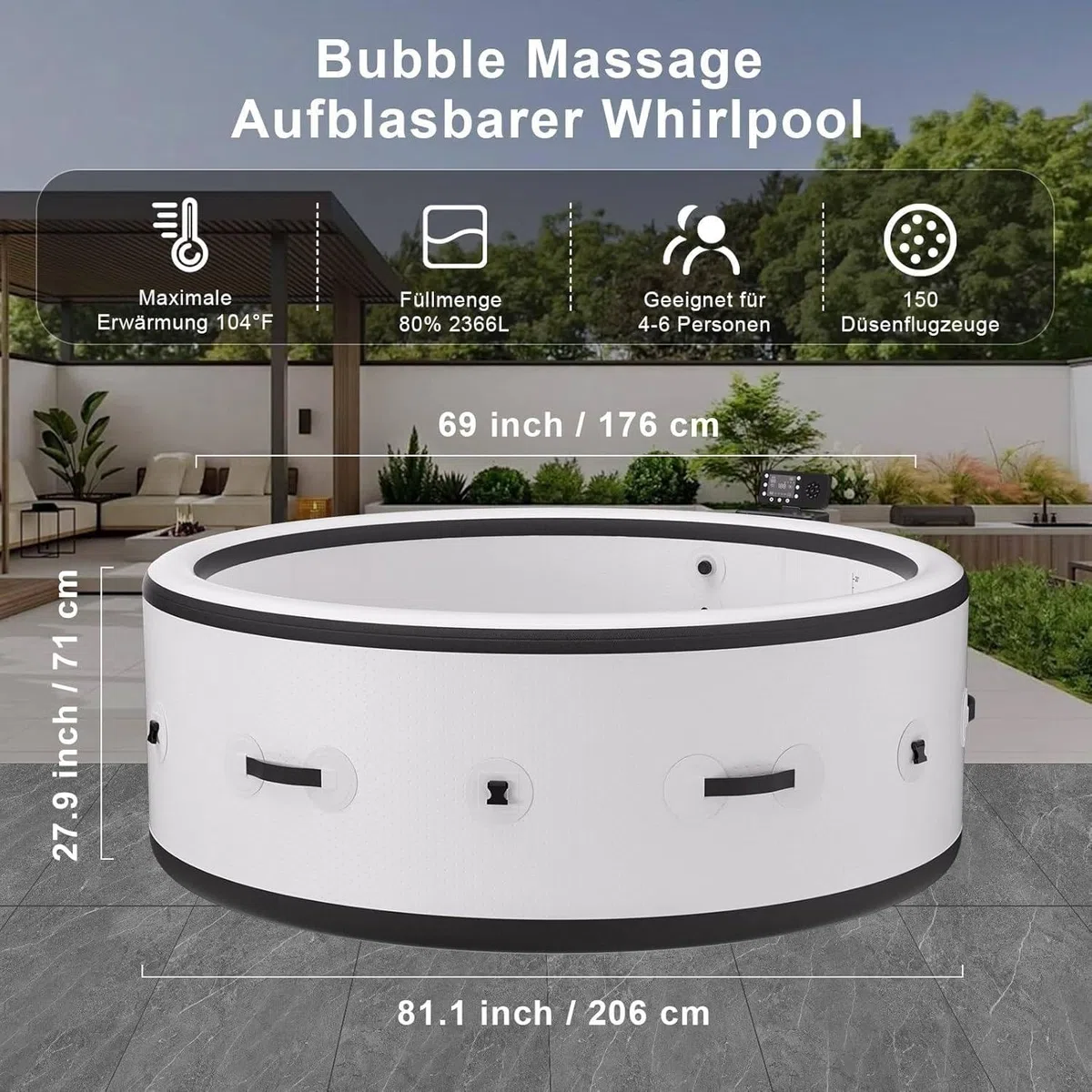 Nadmuchiwana wanna z hydromasażem, Bubble Spa z 180 dyszami, przenośna dla 4-7 osób na zewnątrz podwórko patio