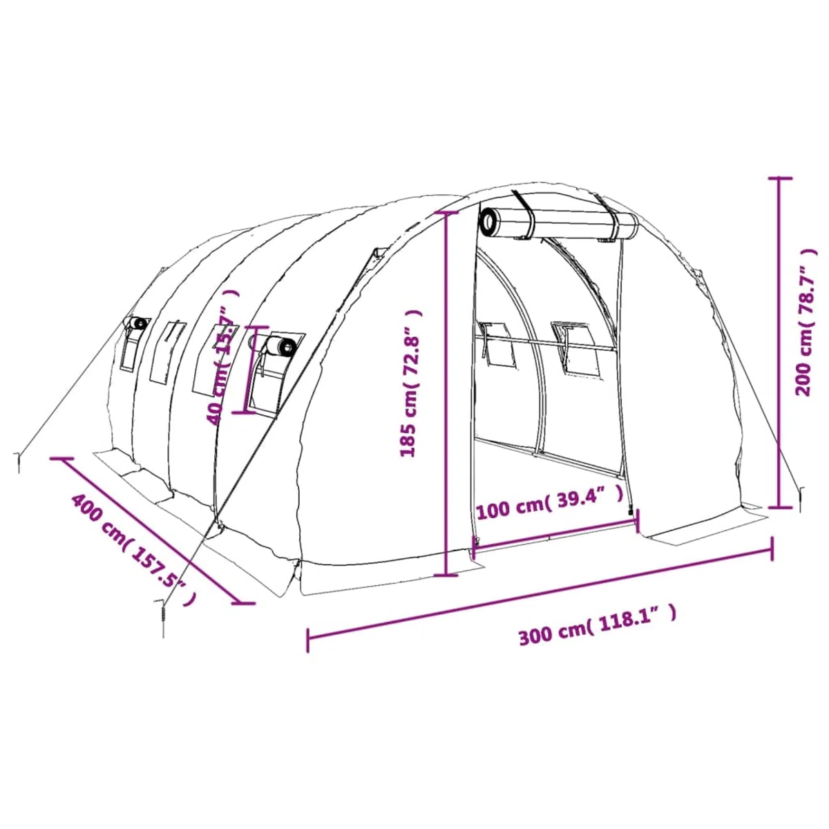 Szklarnia ze stali ocynkowanej, 140 g/m² PE, 12 m², 4 x 3 x 2 m, biała, z drzwiami przesuwnymi i oknami z siatki