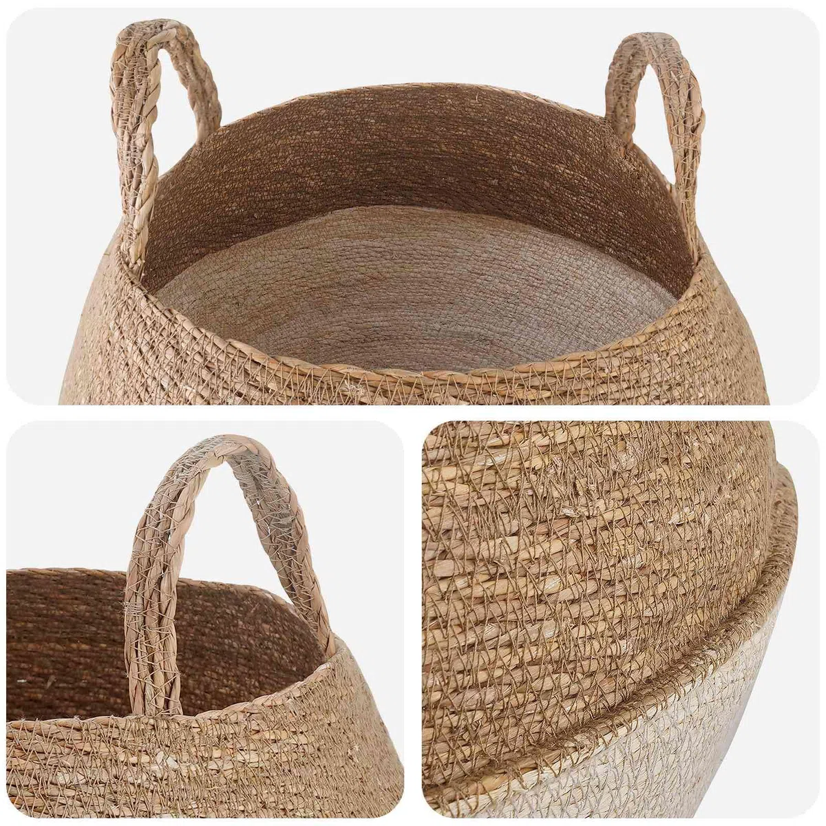 Donica na rośliny z uchwytami biała 45 x 36 cm 100% trawa morska | Naturalna trawa morska, cylindryczny kształt, do użytku wewnątrz i na zewnątrz, wytrzymała, łatwa w pielęgnacji