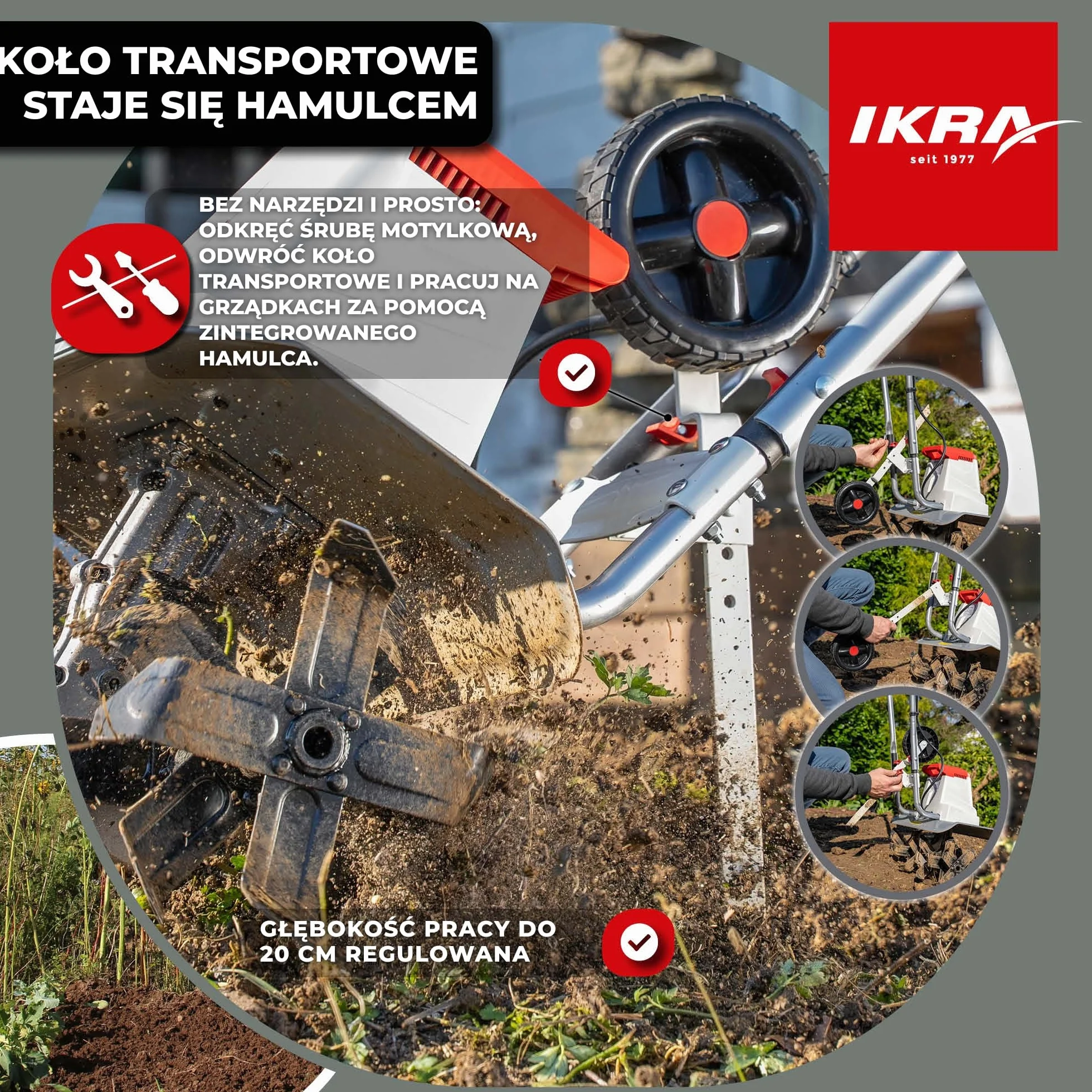 IKRA Glebogryzarka elektryczna IEM 1500, elastyczna szerokość robocza 32 i 45 cm, głębokość robocza do 20 cm, moc 1500 W