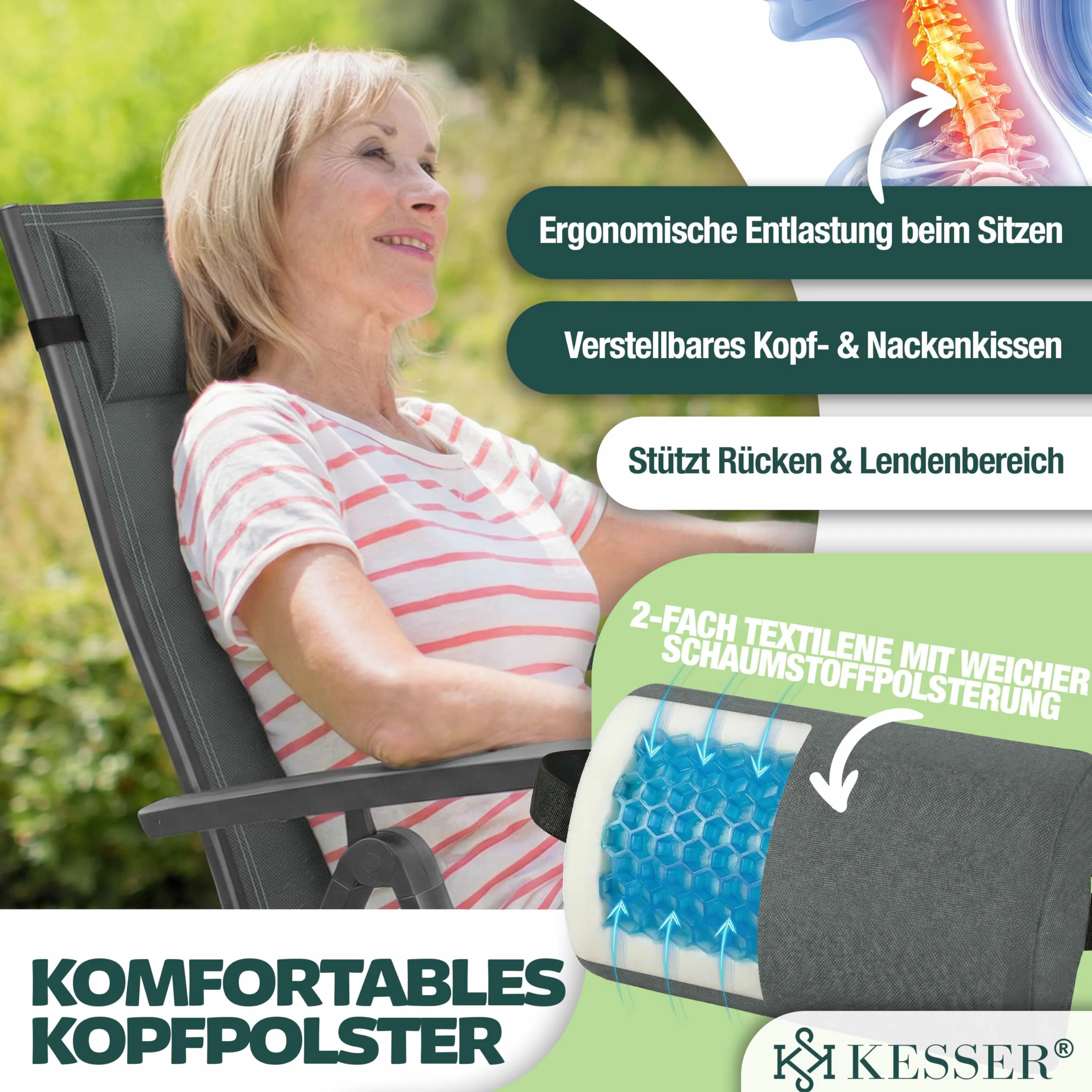 KESSER Krzesło ogrodowe z wysokim oparciem z podłokietnikami, zestaw 2 szt., aluminiowe krzesło składane z poduszką i pokrywą, krzesło kempingowe, 7-stopniowa regulacja, oparcie, oddychające, odporne