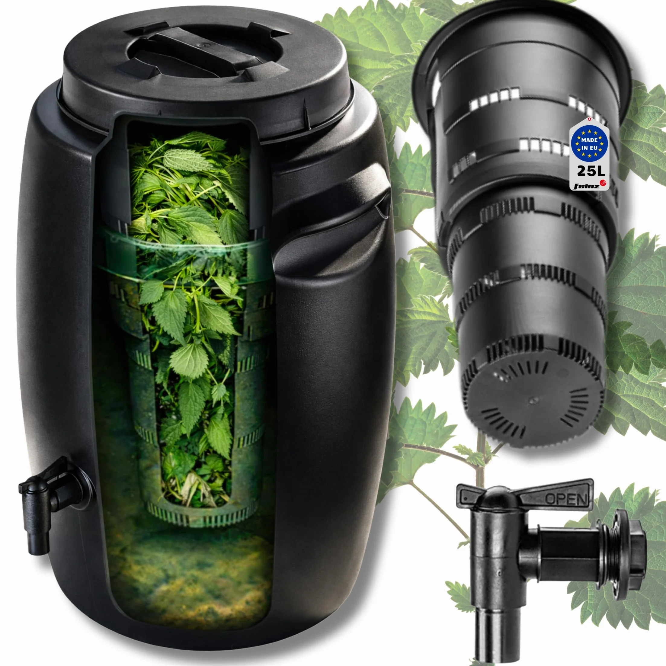 Zbiornik kompostownik 25L z pokrywą i kranikiem – do naturalnej fermentacji produkcji nawozu z roślin – tworzywo sztuczne z wentylacją – idealna na balkon i do ogrodu