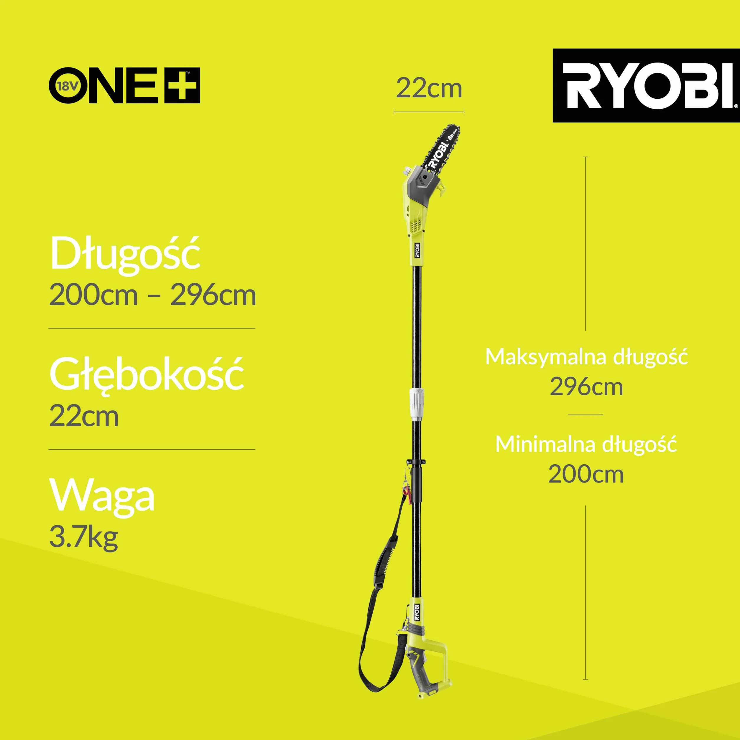 Ryobi Pilarka do Gałęzi 18 V OPP1820 Wysięgnik Długość Prowadnicy 20 cm Regulowana Długość Trzonka 3 m bez Akumulatora