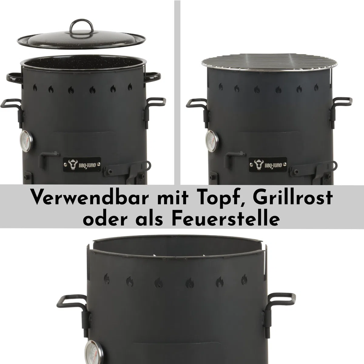 BBQ-Toro Piec jednogarnkowy do użytku na zewnątrz, Ø 29 cm, z garnkiem, rusztem do grillowania i chochlą do zupy, kociołek na gulasz, kociołek na ogień, piec outdoorowy, palenisko, kuchnia na zewnątrz