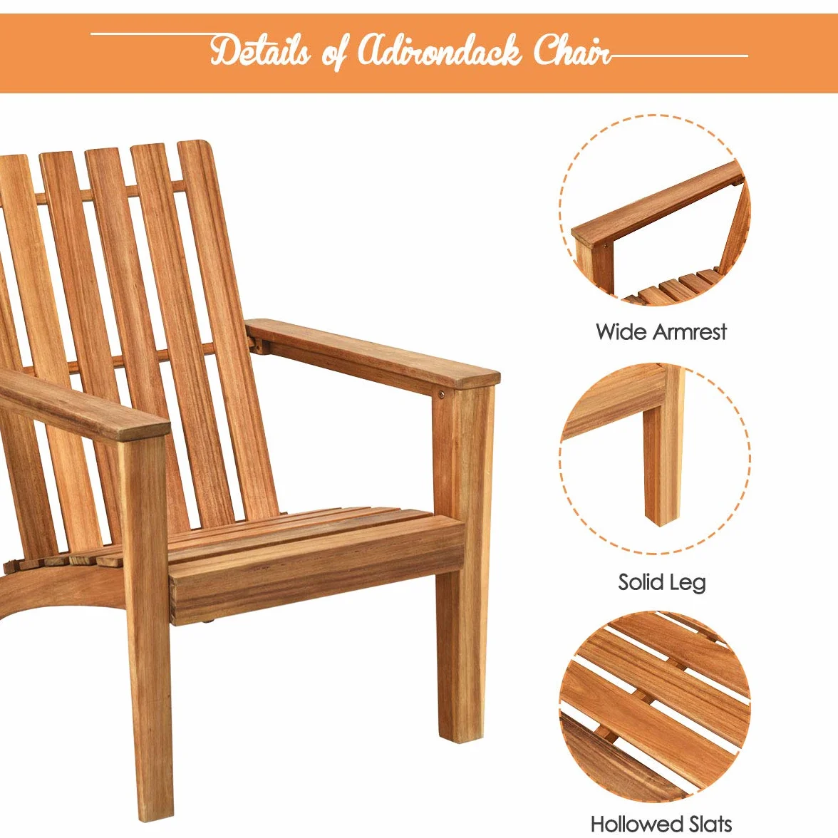 GIANTEX krzesło ogrodowe Adirondack z drewna akacjowego, wytrzymałe do 160 kg, ergonomiczne leżanki drewniane