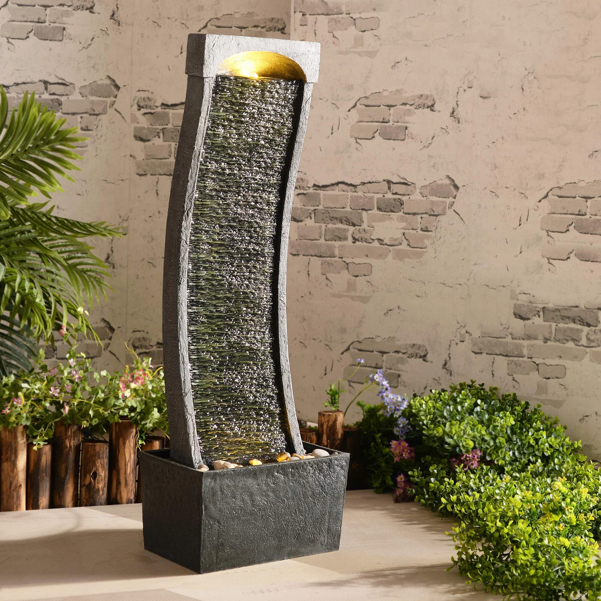 Peaktop Łukowa fontanna wodna, do użytku wewnątrz i na zewnątrz, ogród zimowy, łupek z lampkami, RJ-19048-EU, kolor szary węglowy, 33 x 20 x 98 cm