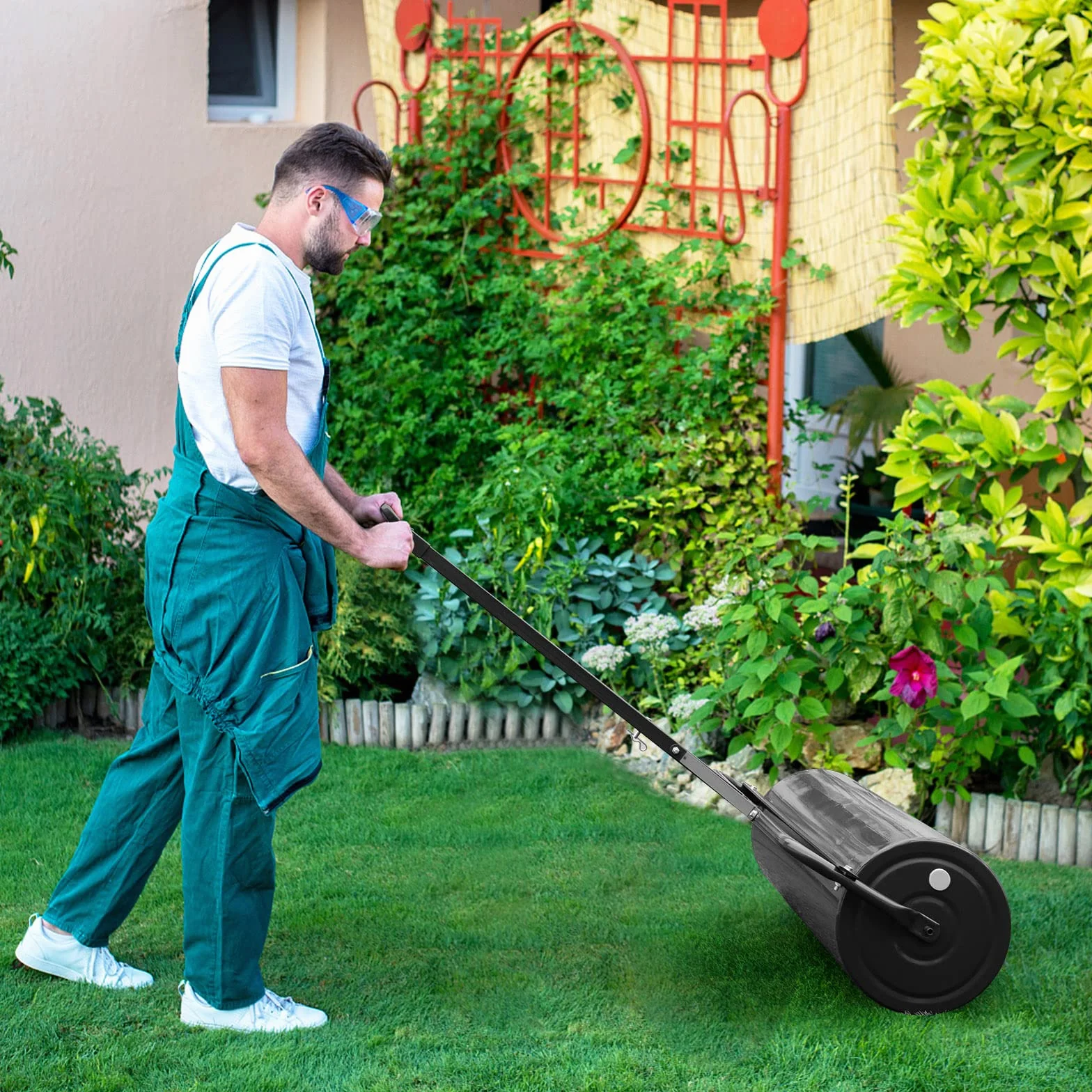 COSTWAY Walec do trawnika napełniany wodą lub piaskiem, 63 L, Ø 30 cm x 99 cm, walec gruntowy z uchwytem, walec ogrodowy metalowy, walec ręczny Lawn Roller, walec do trawnika dla równego trawnika