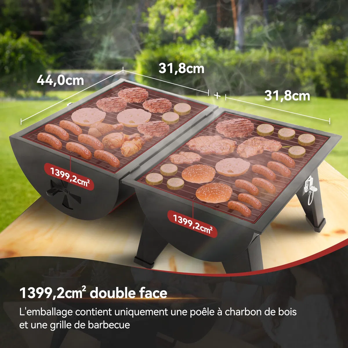 Royal Gourmet Przenośny grill na węgiel drzewny, grill z drutu stalowego na węgiel drzewny emaliowany powierzchnia do pieczenia 44 x 31,8 cm, odpowiedni na kemping i na zewnątrz, czarny