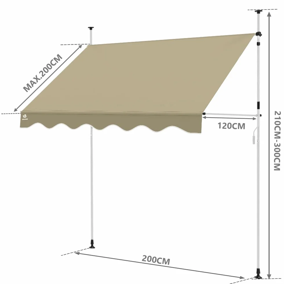 VOUNOT Markiza balkonowa z korbą ręczną, regulacja wysokości, bez wiercenia, UV, wodoodporna, szer. 200 cm, beżowa
