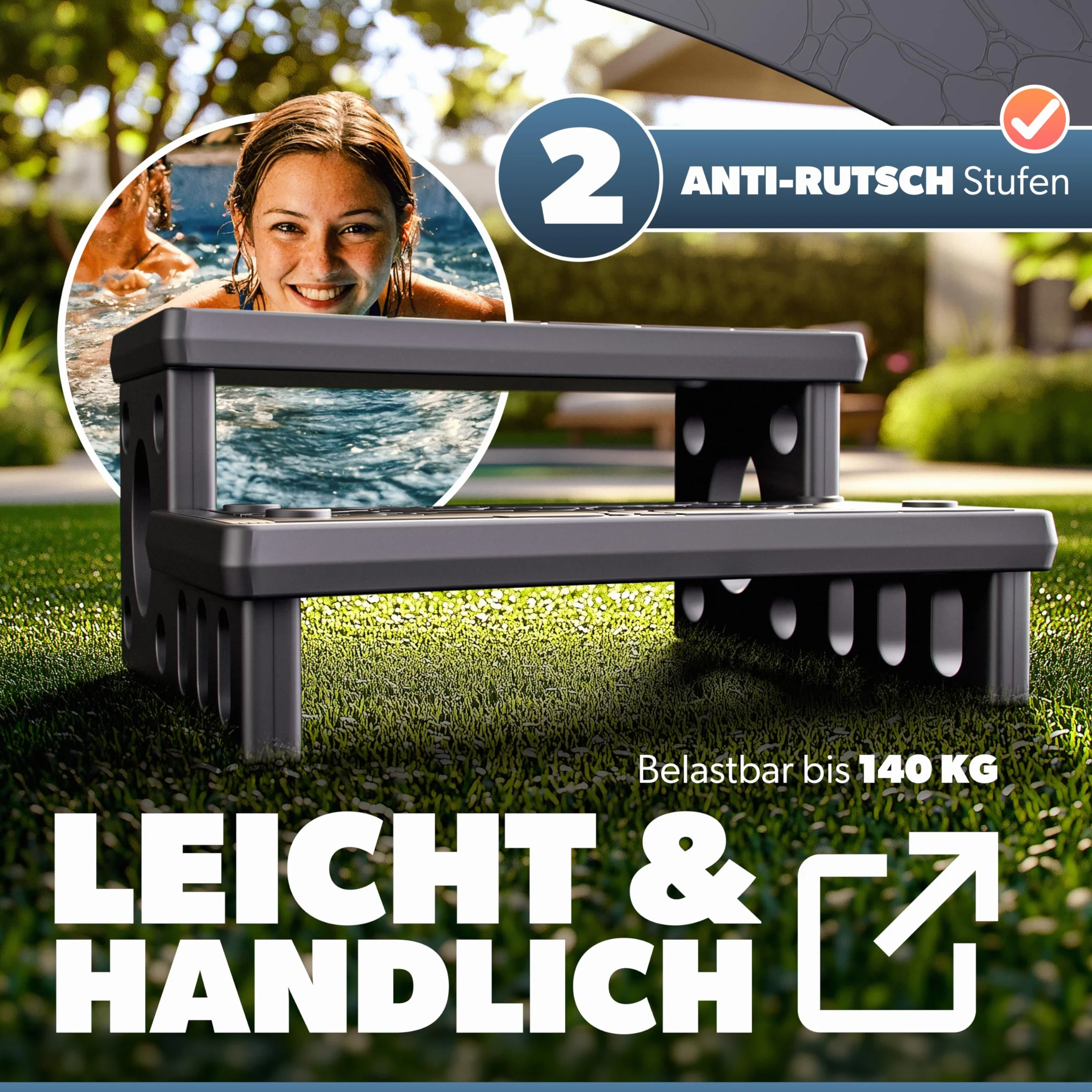 poolomio® Drabina schodowa do spa i jacuzzi | 2-stopniowa drabina rozłupująca z PCW | 70 x 65 x 24 cm | antypoślizgowa powierzchnia, łatwy montaż