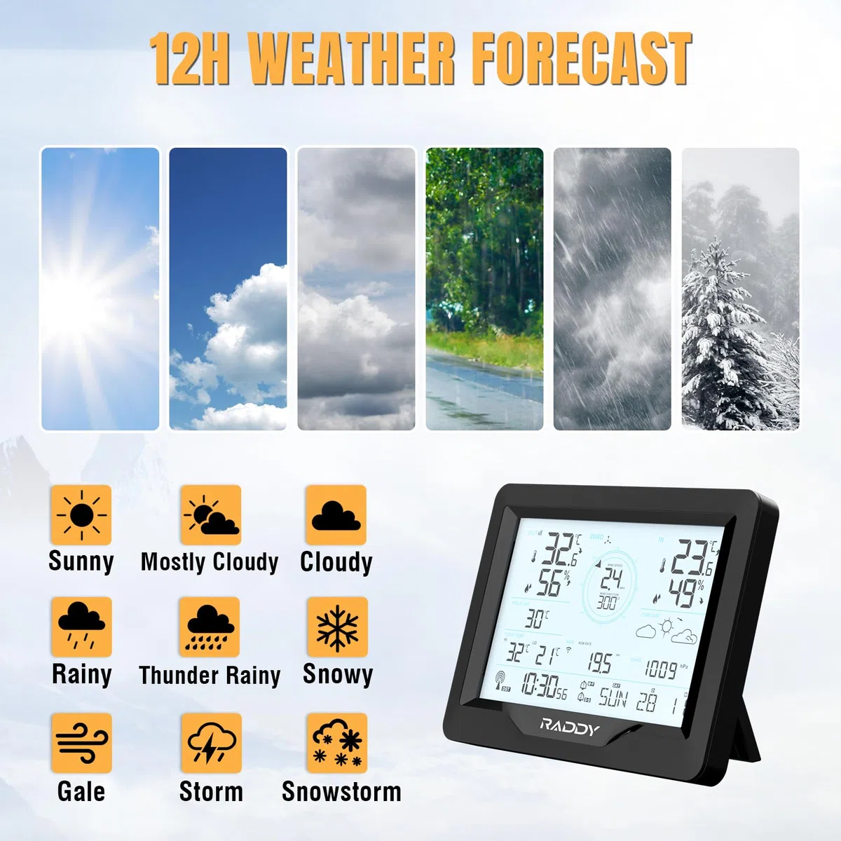 Raddy MN6 Lite stacja pogodowa z czujnikiem zewnętrznym, 5 w 1, wewnętrzny termometr zewnętrzny, monitor temperatury i wilgotności powietrza z zegarem atomowym DCF, prognoza pogody, prędkość wiatru