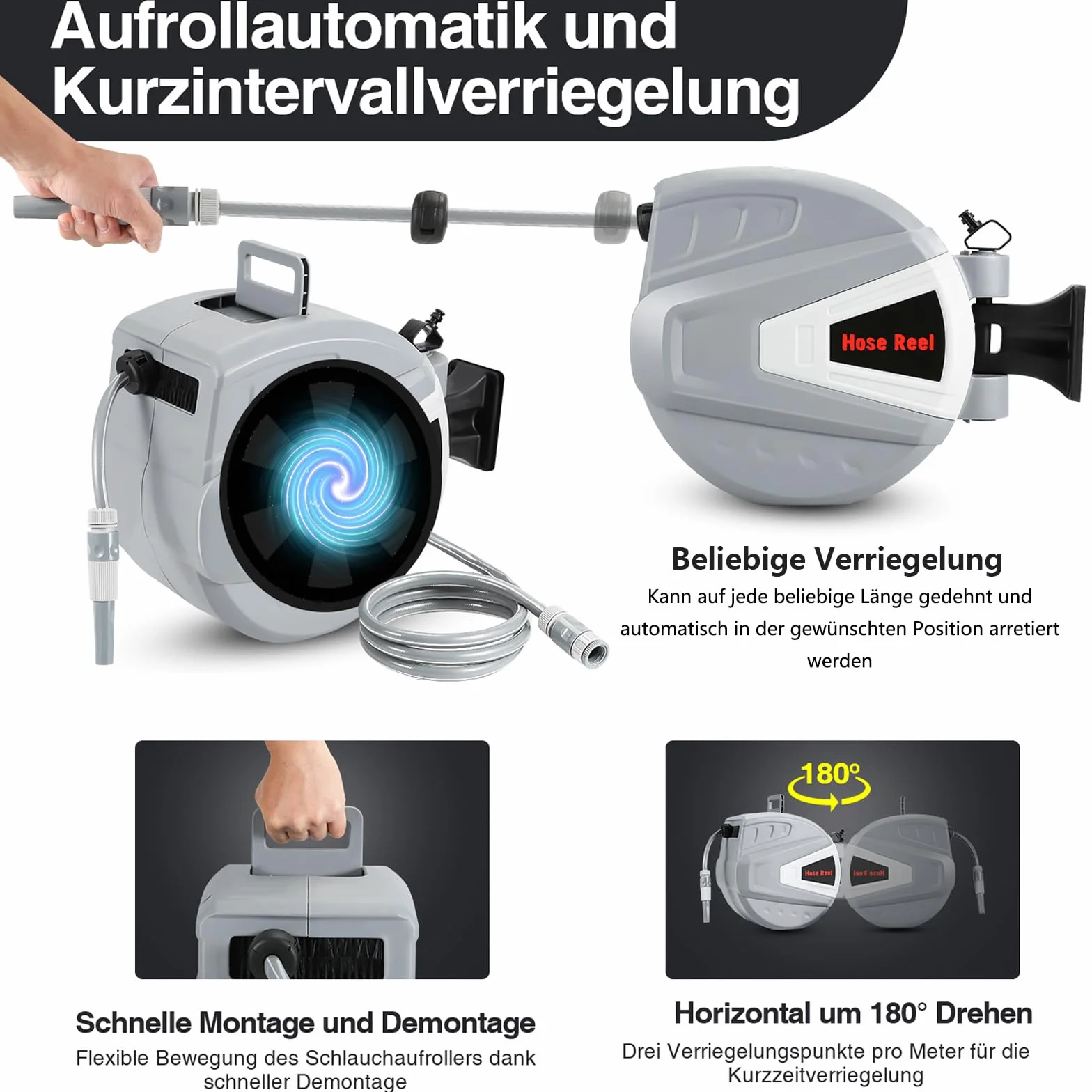 automatyczny bęben do węża, 30 + 2 m, obracany o 180°, z prysznicem ręcznym i wężem ogrodowym, odporny na promieniowanie UV i mróz, do nawadniania ogrodu, mycia samochodu i czyszczenia tarasu