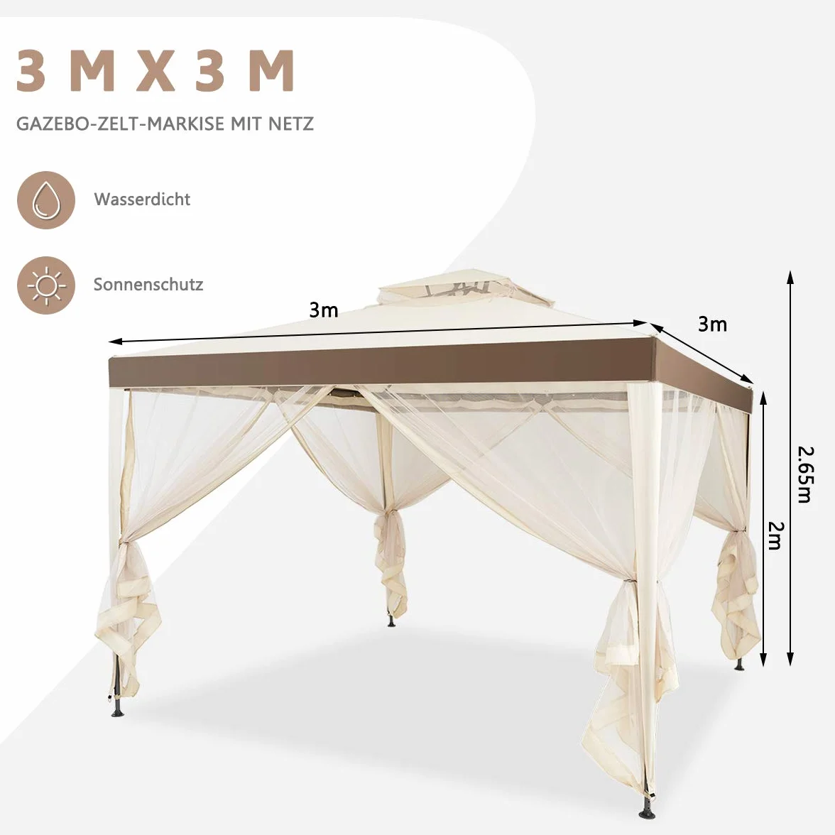COSTWAY Pawilon ogrodowy 3 x 3 m, z moskitierą i podwójnym dachem, wodoszczelny, stabilny, odporny na zimę, namiot ogrodowy, ochrona przed promieniowaniem UV 50+, namiot imprezowy na taras, do ogrodu