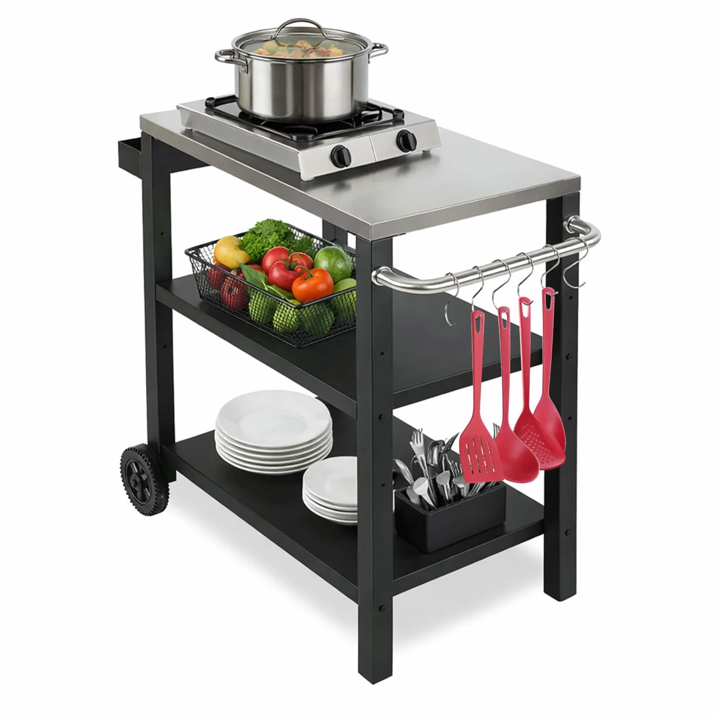 Stolik pomocniczy do grillowania, do użytku na zewnątrz, z regulowaną półką, regał na przyprawy i 6 haków, mobilny wózek do grillowania z 2 rolkami, wózek kuchenny do grilla i pizzy, 84 x 67
