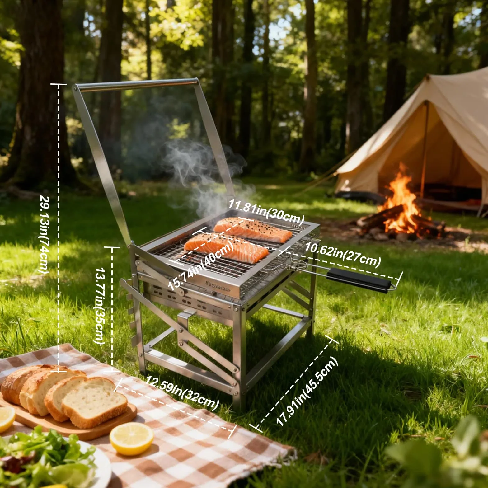 Ergocar Grill na węgiel drzewny zewnętrzny wielofunkcyjny przenośny obrotowy z regulowaną wysokością 4-poziomowa taca na węgiel drzewny idealna do wędzenia na świeżym powietrzu, pikników, grillowania