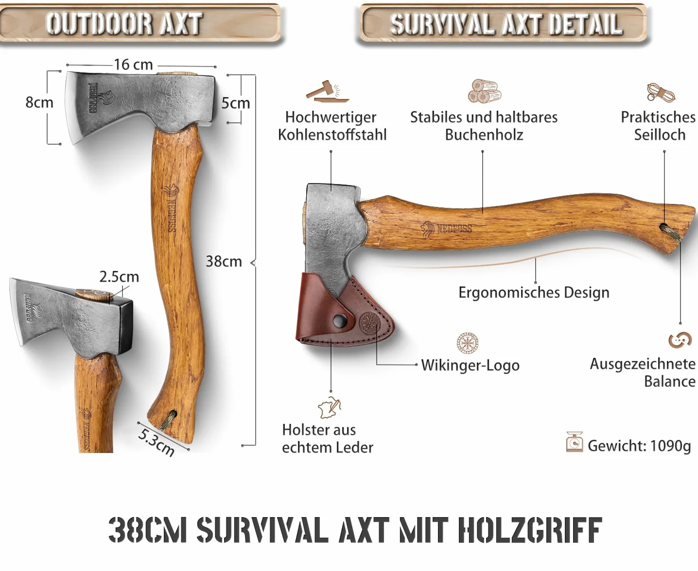 NedFoss Siekiera survivalowa, siekiera wikingów z drewnianym uchwytem, z pochwą, siekiera bushcraft, do rozłupywania, ostra, uniwersalna, wysokiej jakości, do ogrodu, na kemping, na zewnątrz, 38 cm