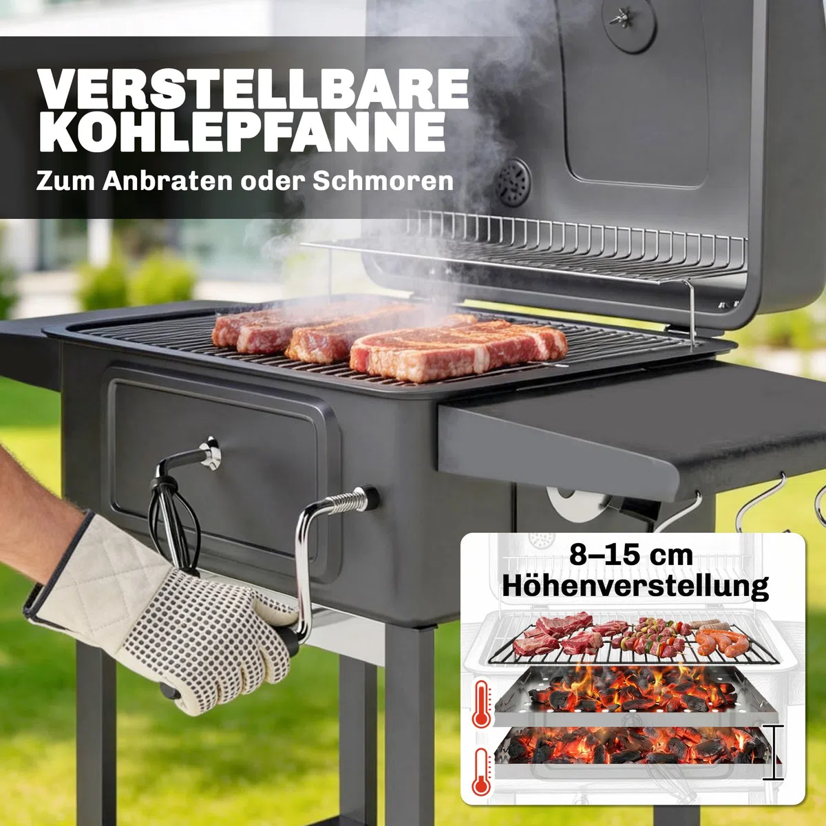 Outsunny Grill węglowy BBQ Smoker z pokrywą, termometrem, regulowaną wysokością węgla, kominem, rusztem, boczną półką i tacką na popiół, grill na kółkach do ogrodu i kempingu