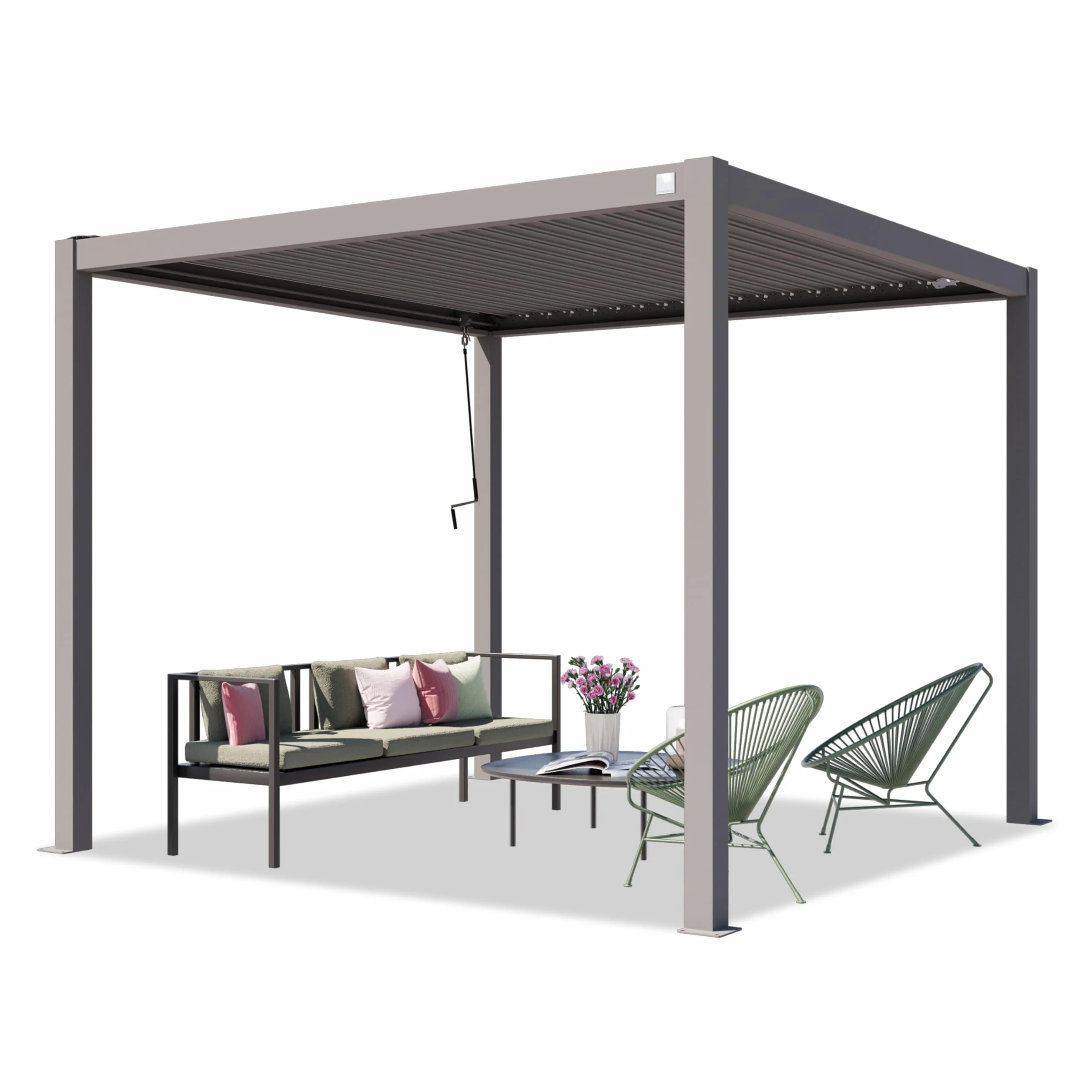 PRIMEYARD Pergola 3x3 m słupy aluminium z dachem z listew stalowych szara osłona tarasu