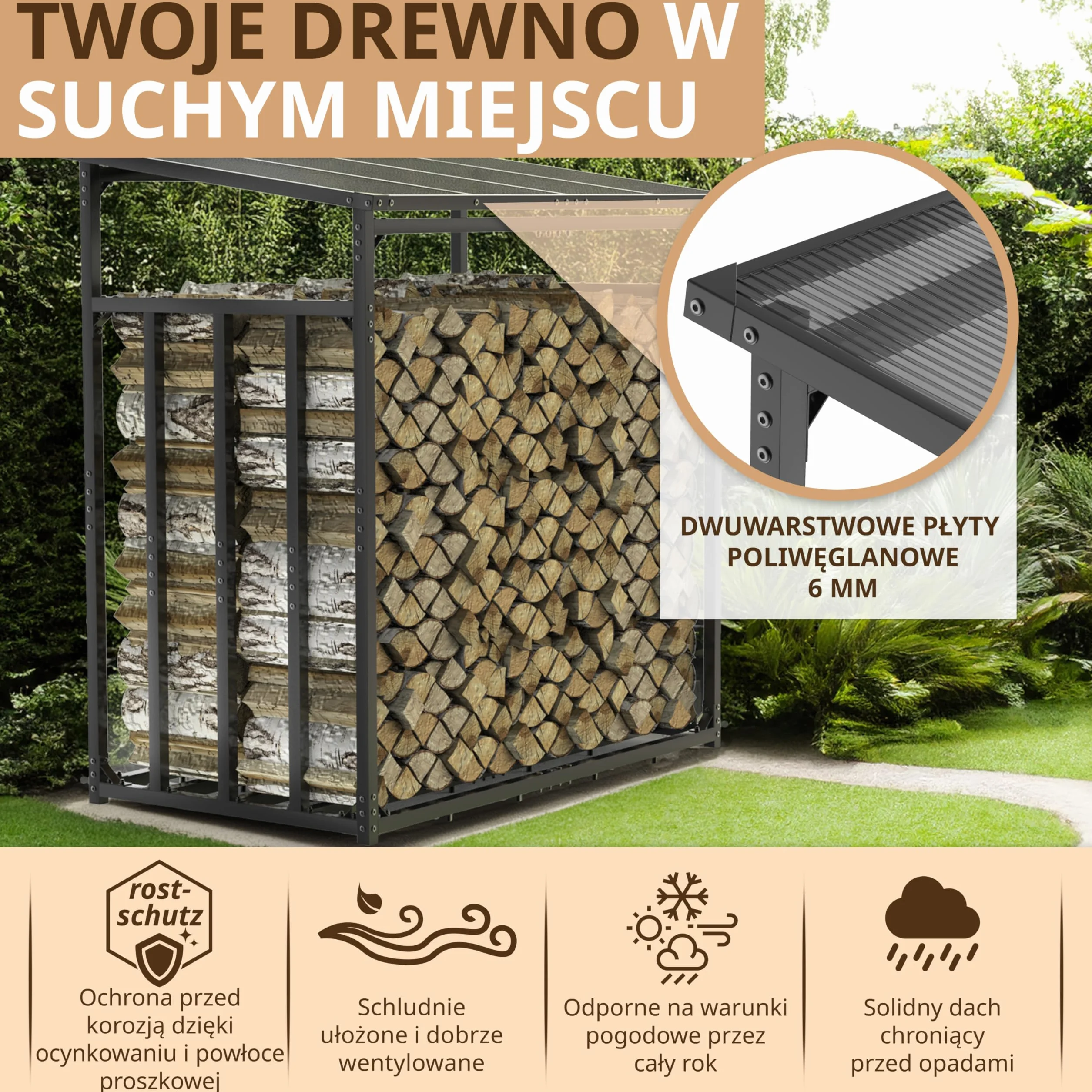 Metalowy regał na drewno opałowe, wymiary zewnętrzne 185 x 105 x 185 cm, ocynkowany 4 x 4 cm, przekrój 3,5 t, z dachem, stabilny drewniany stojak na drewno opałowe, regał