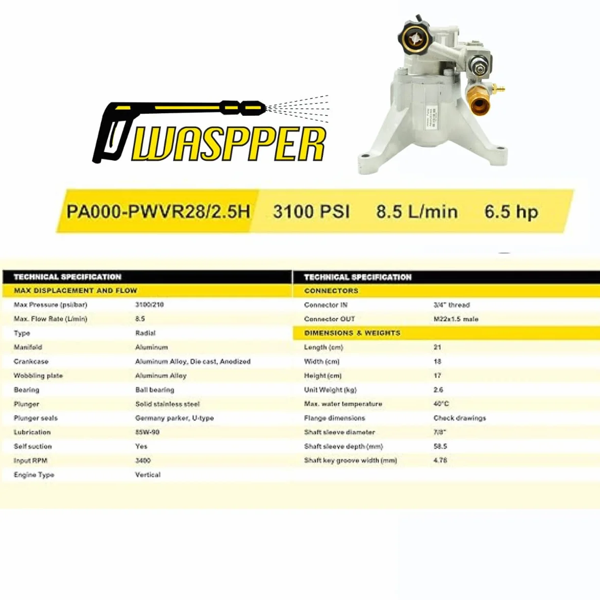 ✦ Pionowa pompa zastępcza 3100 PSI 210 bar i pompa zastępcza myjki ciśnieniowej 6,5 KM ✦ Aluminiowa głowica, model PA000-PWVR28/2,5H