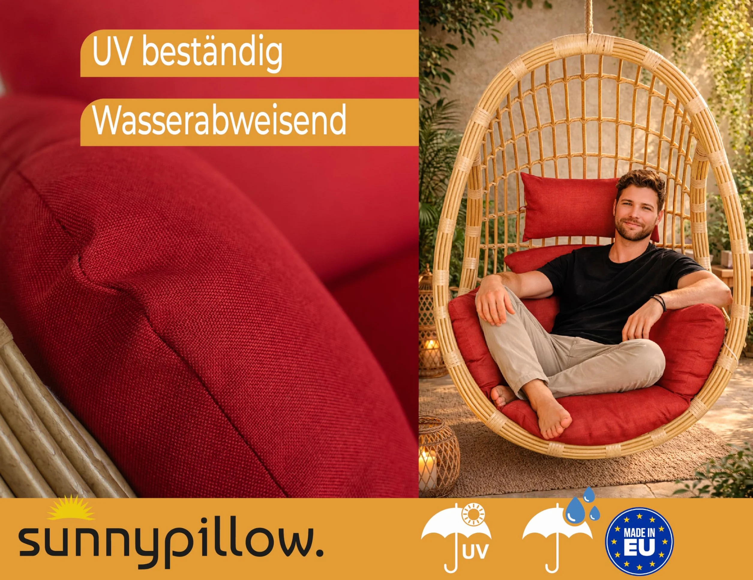sunnypillow Poduszka do fotela wiszącego – poduszka do huśtawki wiszącej z rattanu i polirattanu – siedzisko kosza wiszącego – grubość 13 cm, odporna na promieniowanie UV, wodoodporna - Czerwona