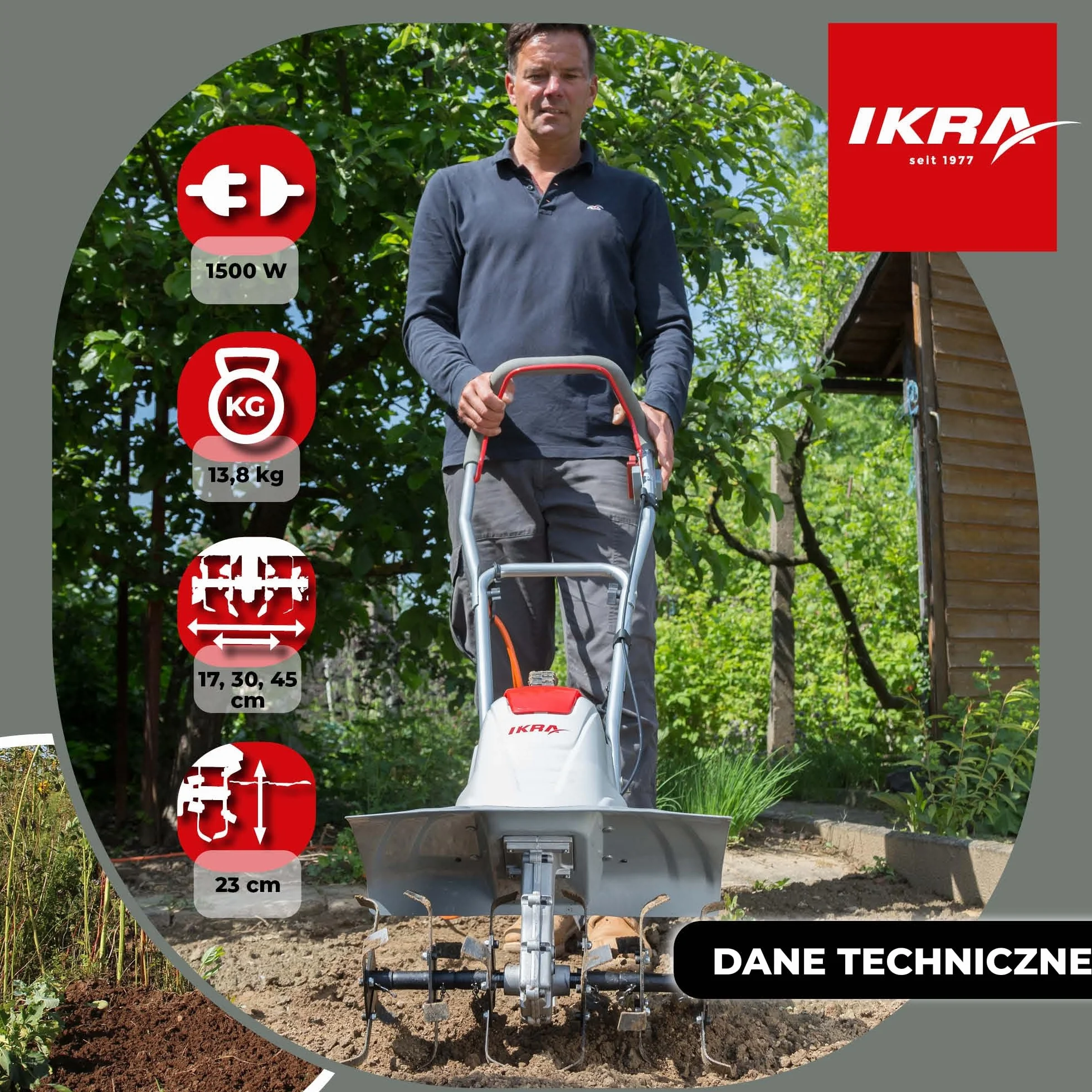 IKRA Glebogryzarka elektryczna FEM 1500 elastyczna szerokość robocza 17-45 cm głębokość robocza do 23 cm moc 1500 W