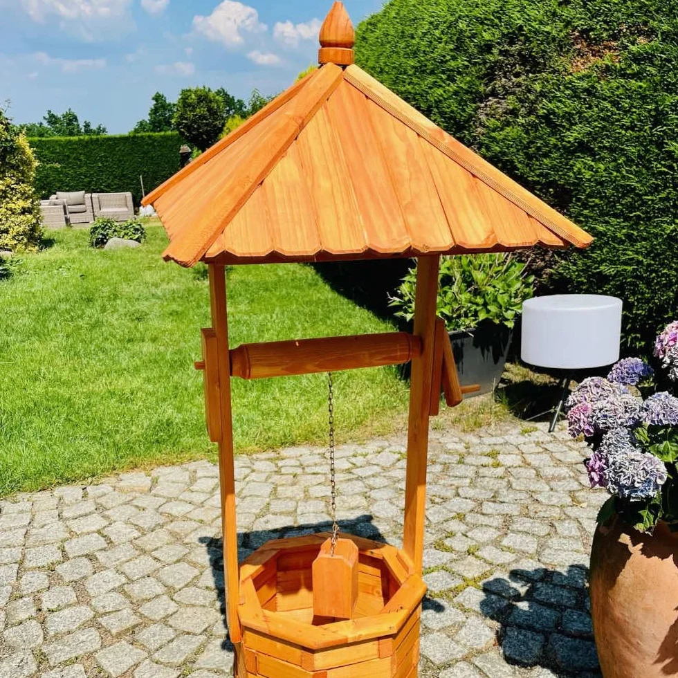 Dekoracyjna fontanna ośmiokątna z drewna, brązowa, wysokość 130 cm, fontanna ogrodowa, impregnowana