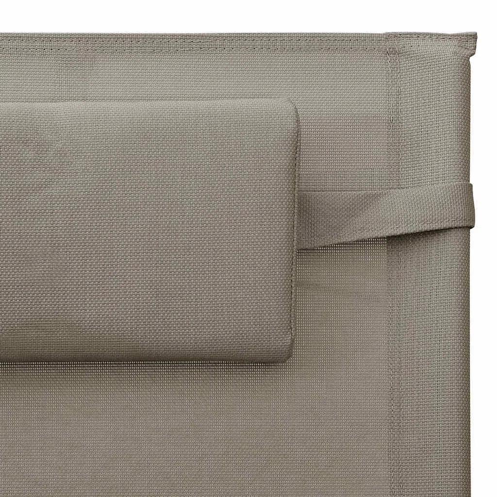 Leżak ogrodowy, tekstylen, szarobrązowy (taupe), malowany proszkowo, stalowy stelaż, 149 x 62 x 88 cm, z kieszenią boczną, regulowanym oparciem, na basen, plażę, taras