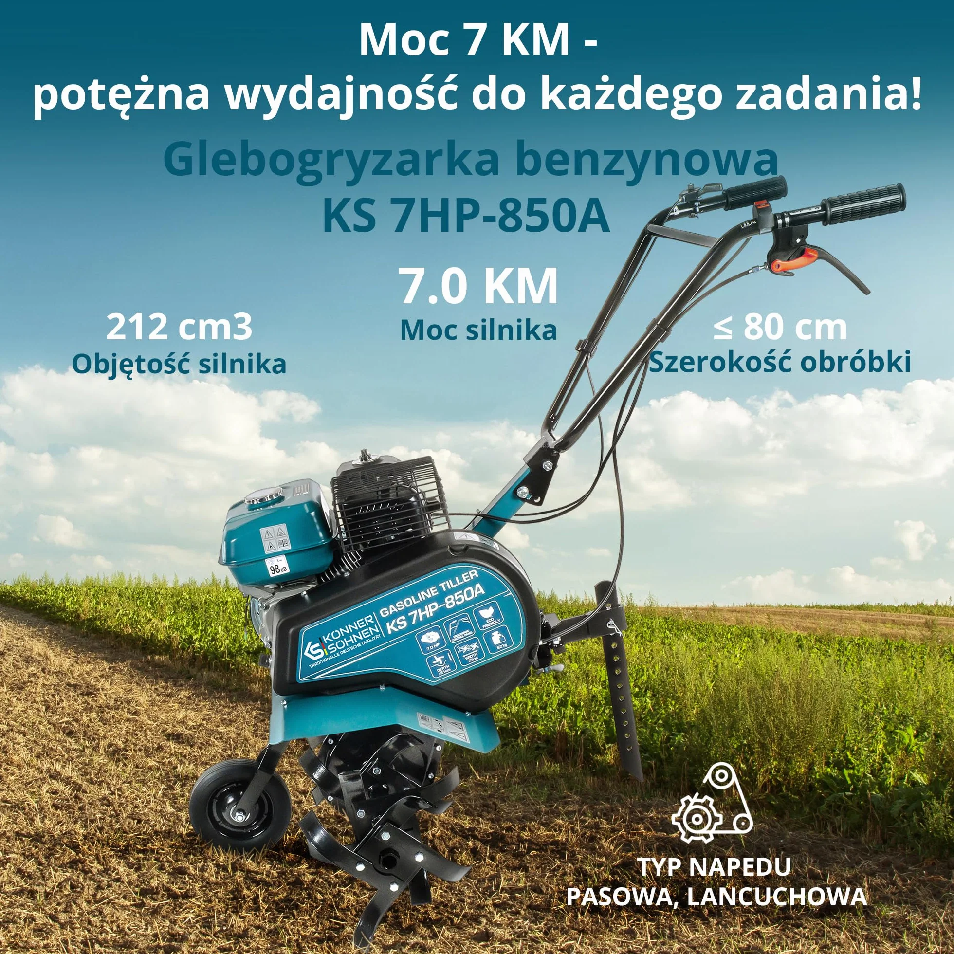 Glebogryzarka Benzynowa Könner & Söhnen KS 7HP-850A Kultywator Spalinowy z Paskiem, Napędem łańcuchowym, Kute Nożyce Szablaste, Regulowany Otwieracz, Szerokość Robocza ≤ 80 cm, Głębokość Robocza ≤ 31 cm, Moc Silnika 7,0 KM
