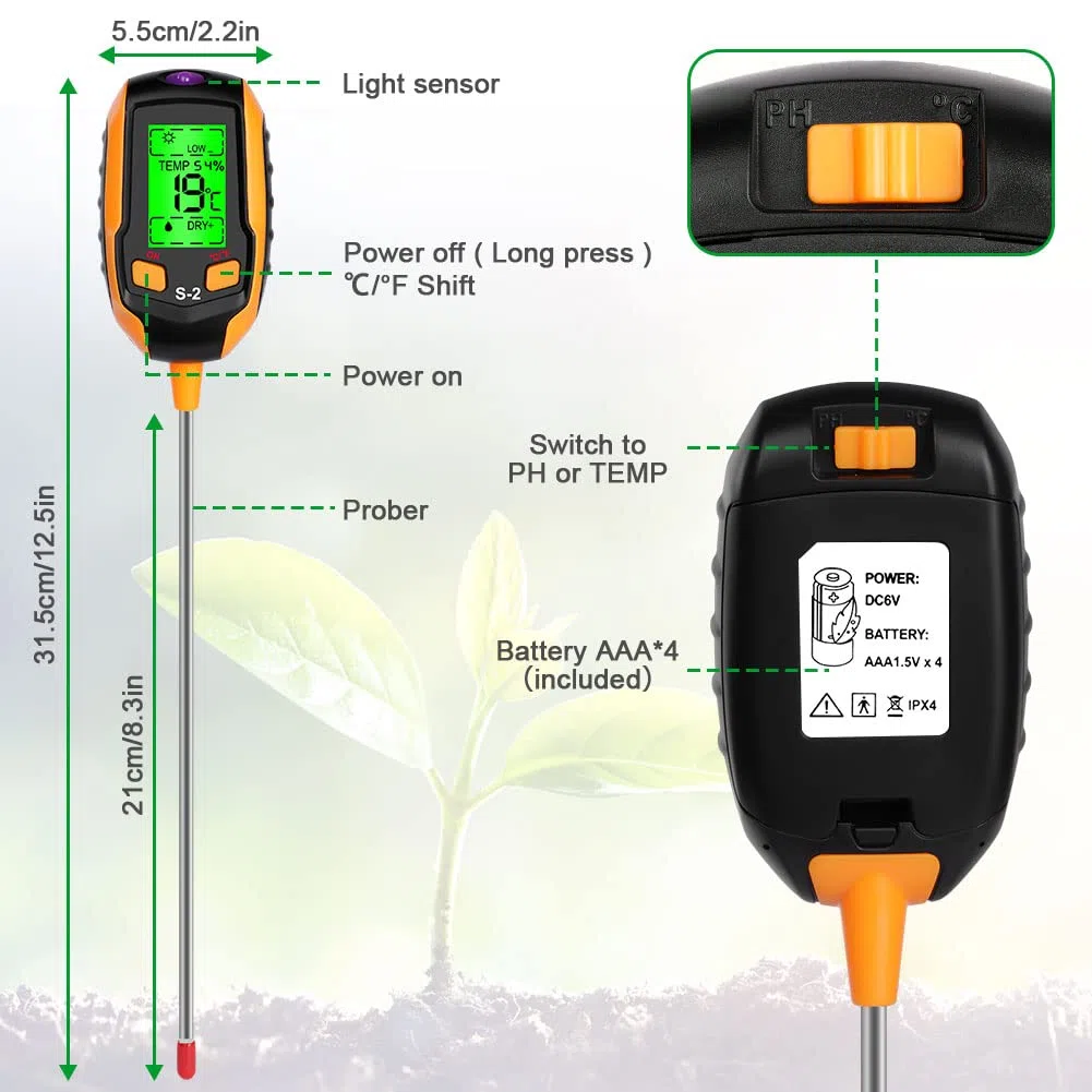 flintronic Tester gleby 5 w 1 pH-metr, cyfrowy tester z termometrem do roślin mierzący oświetlenie, temperaturę, PH, wilgotność gleby i wilgotność otoczenia, do ogrodu i trawnika