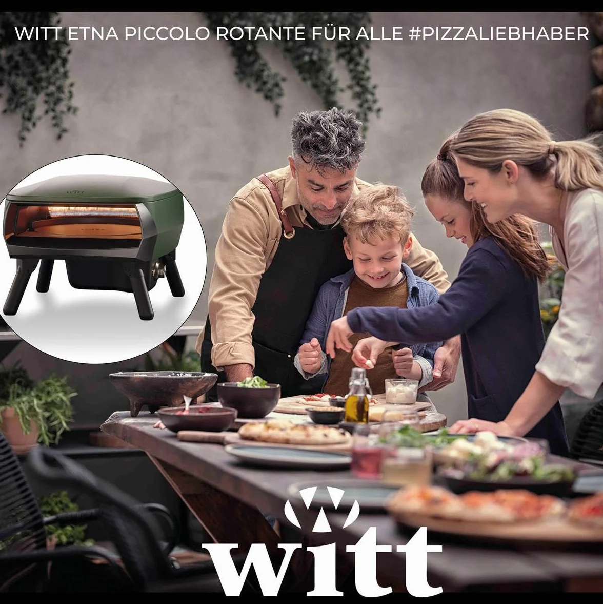 Witt Etna Piccolo obrotowy piec do pizzy do włoskiej pizzy lub tarta, obrotowy kamień do pizzy, kolor: zielony, kompaktowa konstrukcja, aluminiowa obudowa, 1 palnik gazowy w kształcie litery C
