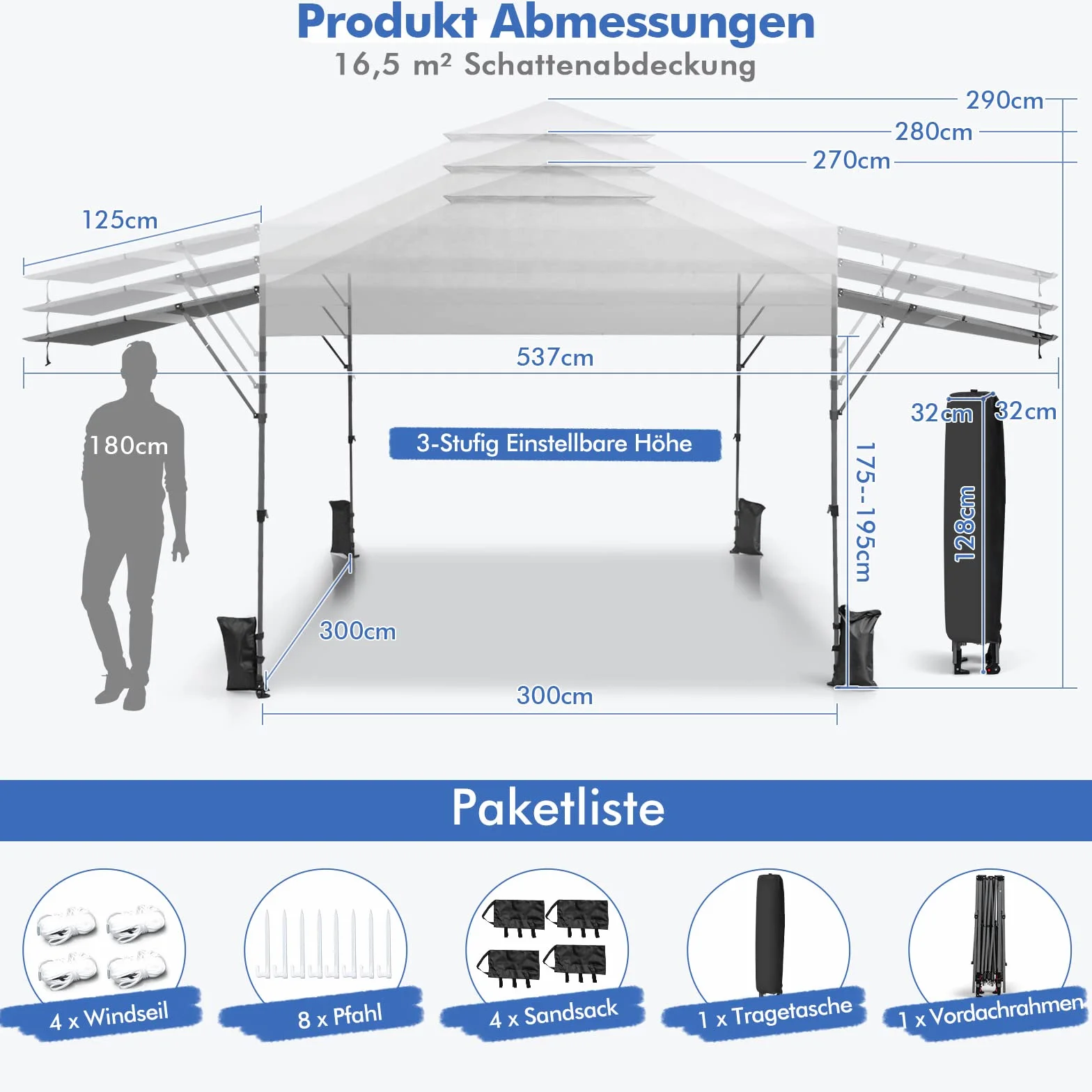 COSTWAY Pawilon typu Pop Up 3 x 3 m, z dwiema markizami, składany pawilon z torbą zwijaną, 4 worki na piasek, namiot ogrodowy, składany, namiot imprezowy, wodoszczelny, stabilny (biały)